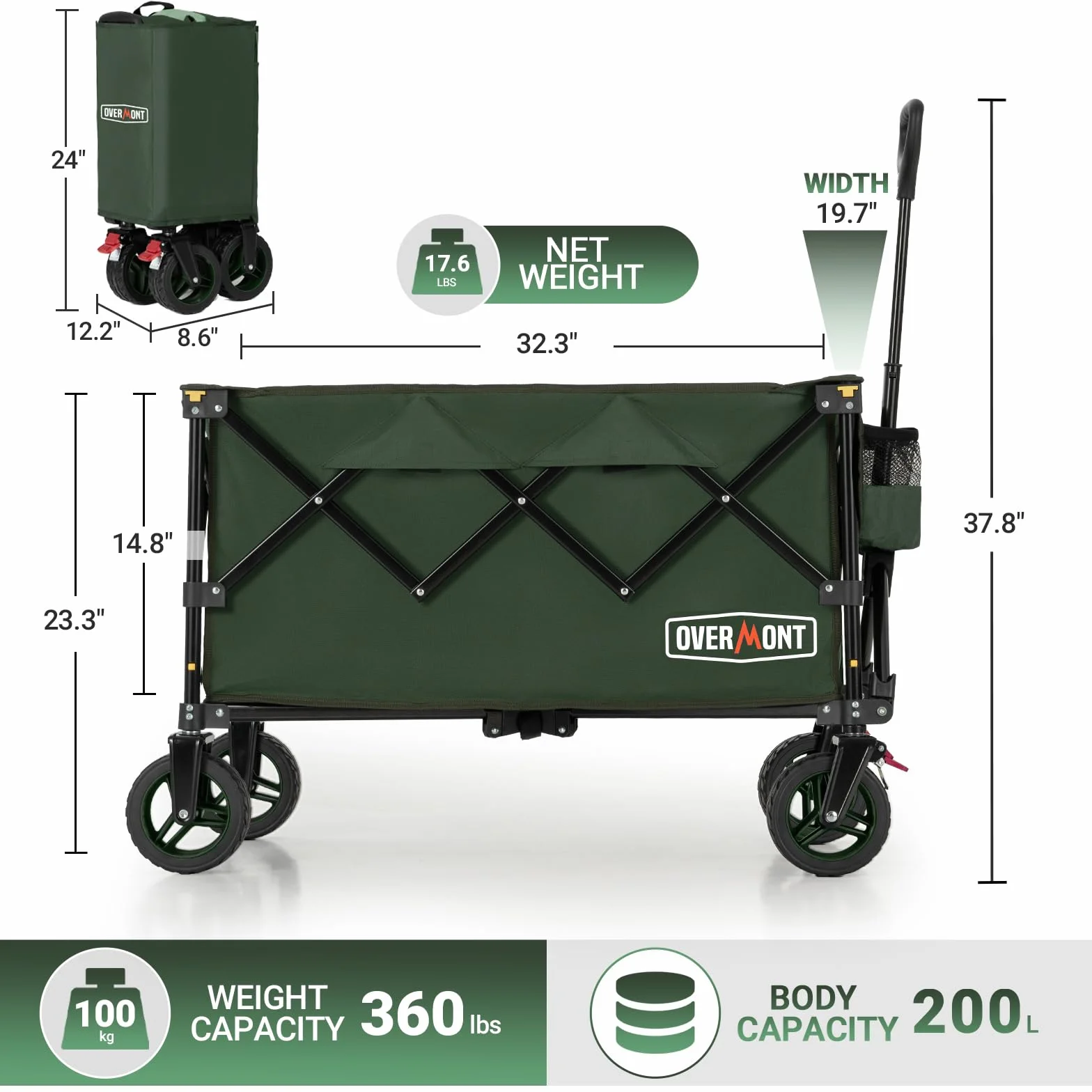 Overmont Składany Wózek Ręczny - Szerokie Kółka Do Jazdy w Terenie - Nośność 150 kg - Na Kemping, Sport, Zakupy, Ogród, Zielony
