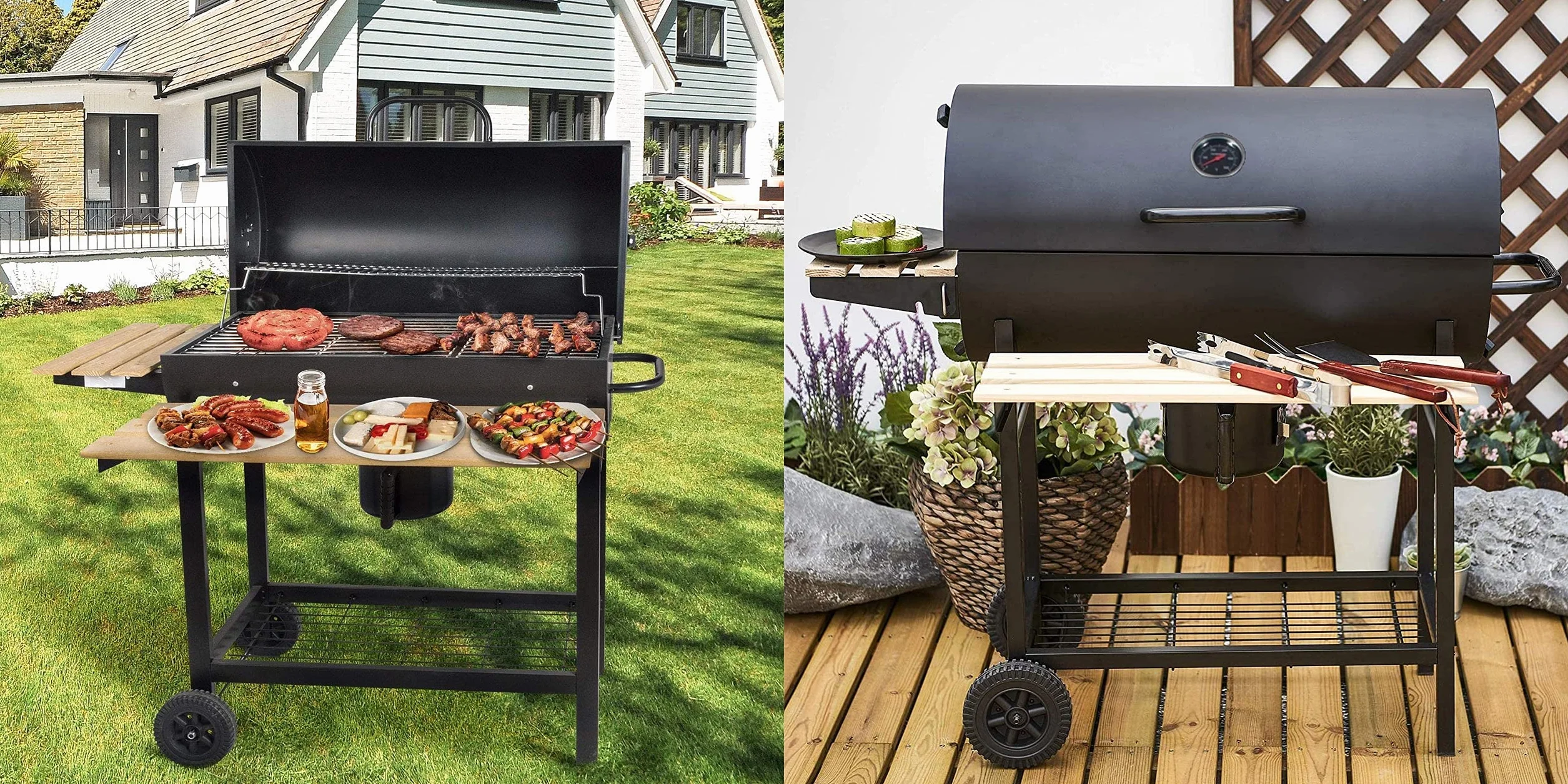 GrillMaster Okrągły Beczka BigBend GM2020 +Fartuch, Grill Ogrodowy, Węglowy, z Pokrywą, z Kółkami, Przesłony do Cyrkulacji Powietrza, Dodatkowe Półki