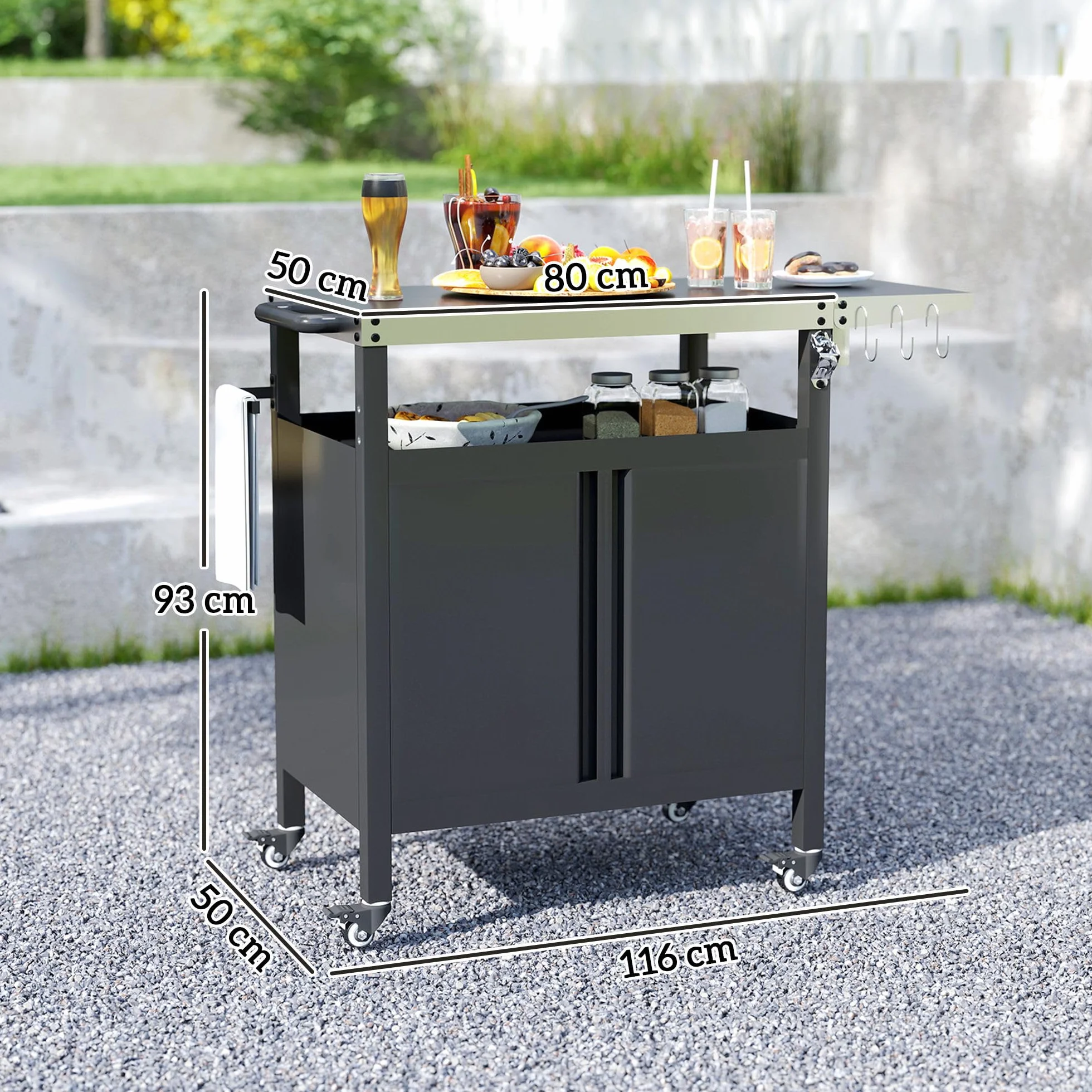 Outsunny Wózek do grillowania, 3-poziomowy, składany wózek do serwowania z powierzchnią roboczą, szafka, haki, kółka, stół do grillowania ze stali nierdzewnej, grill na węgiel drzewny, do ogrodu