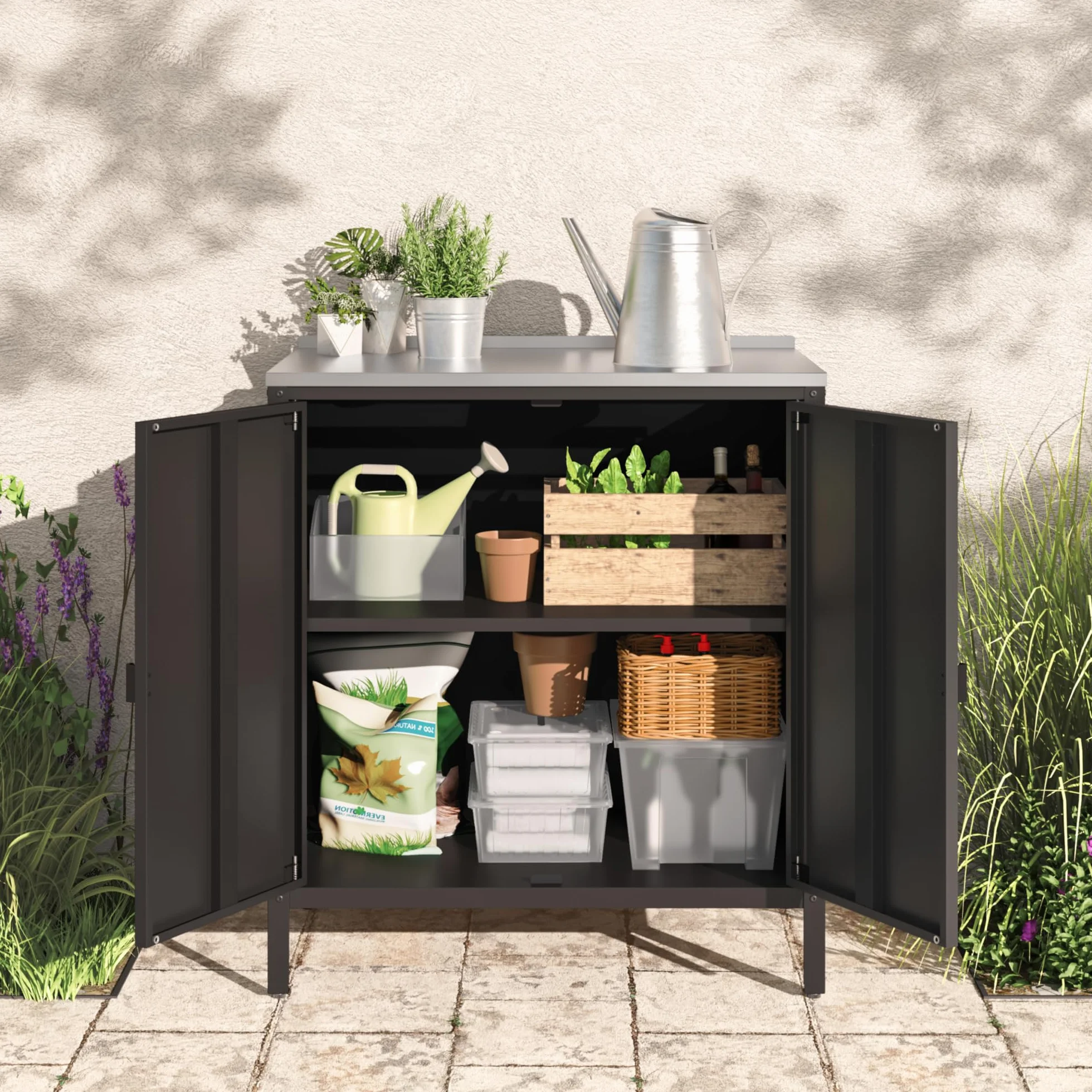 casa.pro Bolognano szafka ogrodowa, balkonowa, dwudrzwiowa, do użytku wewnątrz i na zewnątrz, 92 x 80 x 50 cm, czarna, matowa