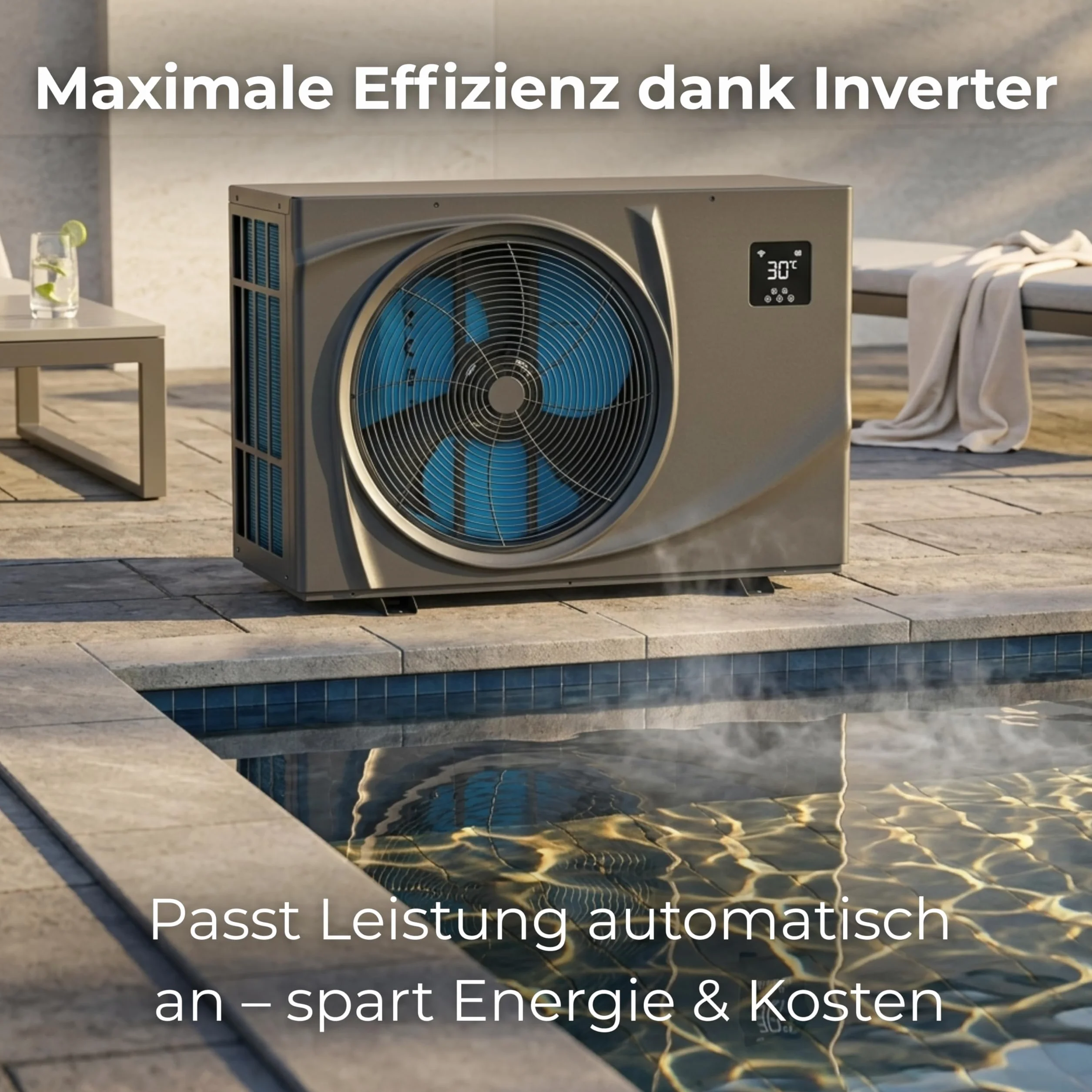 poolomio® Pompa ciepła do basenu 55-70 m³ NET Inverter 10 | ultra ciche ogrzewanie basenu z WiFi | energooszczędne ogrzewanie (COP 13,40) do basenu | DC Full Inverter do 11,6 kW, -10°C tryb Soft Start