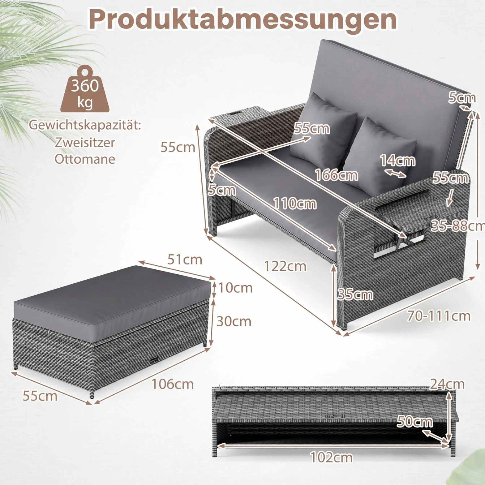 COSTWAY Sofa rattanowa, meble do użytku na zewnątrz, sofa ogrodowa z funkcją leżenia, 2-osobowa sofa ogrodowa z poduszkami i półkami bocznymi, meble ogrodowe z polirattanu, mały balkon (mieszanka