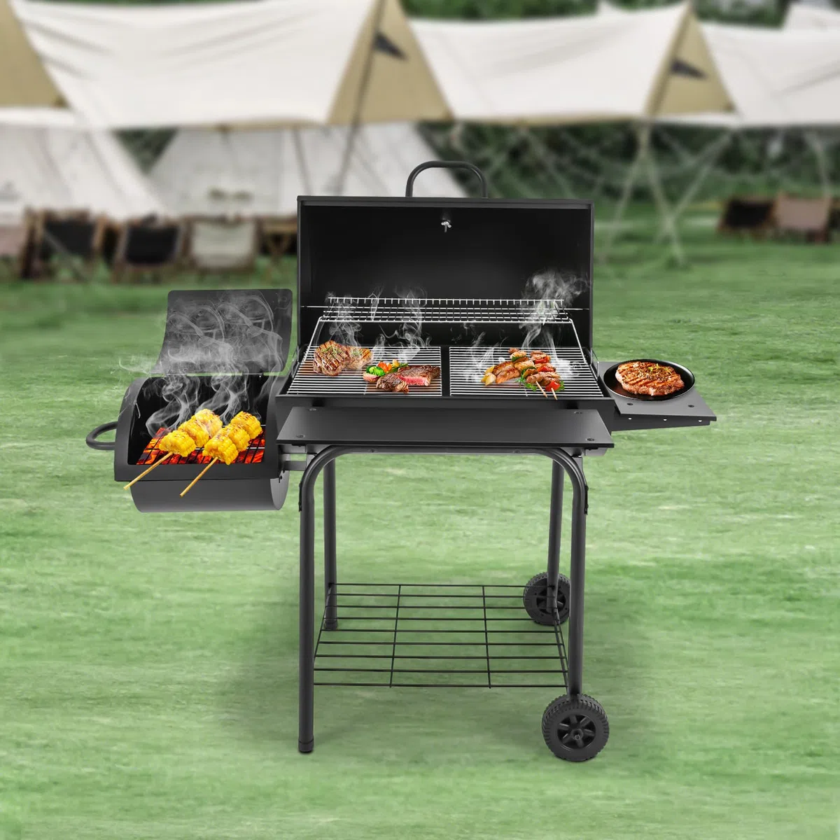 Wolnostojący grill na węgiel drzewny, 147 x 70 x 126 cm, powierzchnia grillowania, z termometrem i kółkami, dwa obszary grillowania na kemping, imprezę i do ogrodu