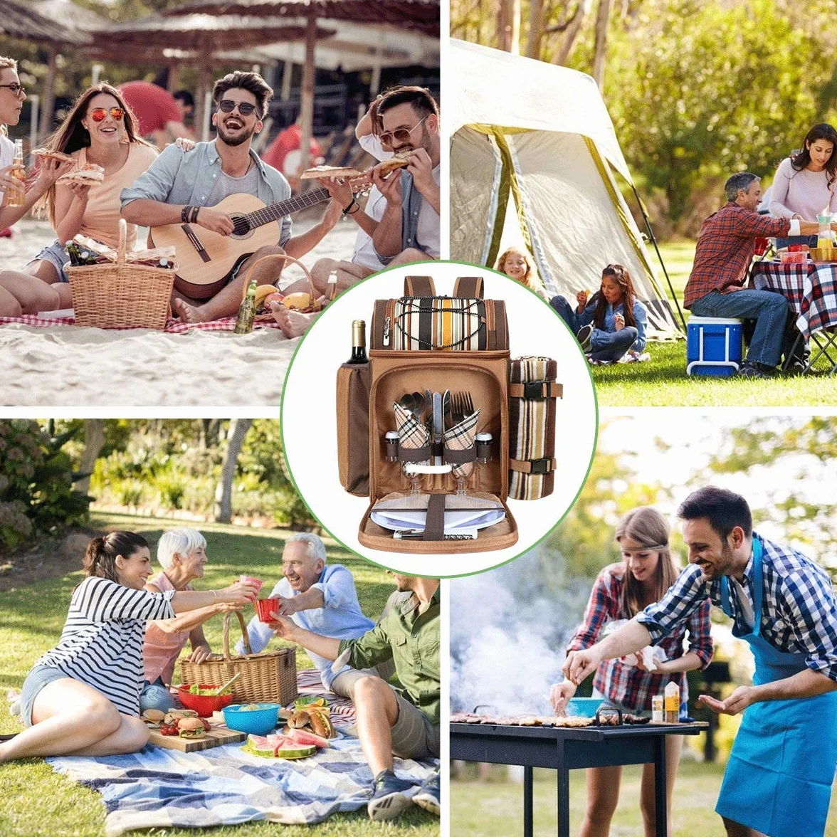 Plecak piknikowy dla 2 osób z izolowanymi przegródkami chłodzącymi, uchwytem na wino, kocem polarowym, zestawem sztućców