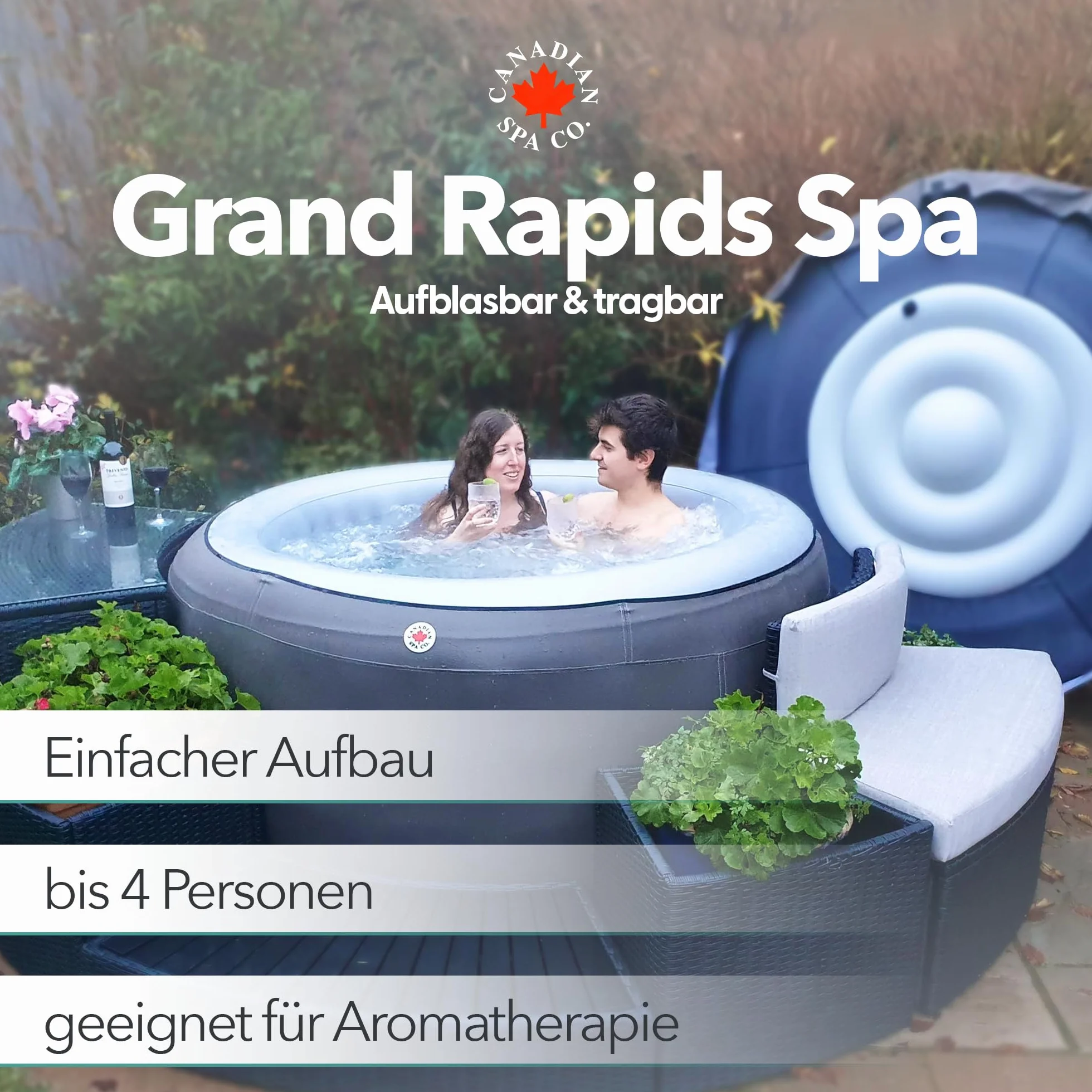 CANADIAN SPA CO. Grand Rapids Hot Tub Outdoor dla 4 osób, Ø 175 cm x 74 cm, okrągła, nadmuchiwana wanna z hydromasażem ze 110 dyszami i kocem grzewczym