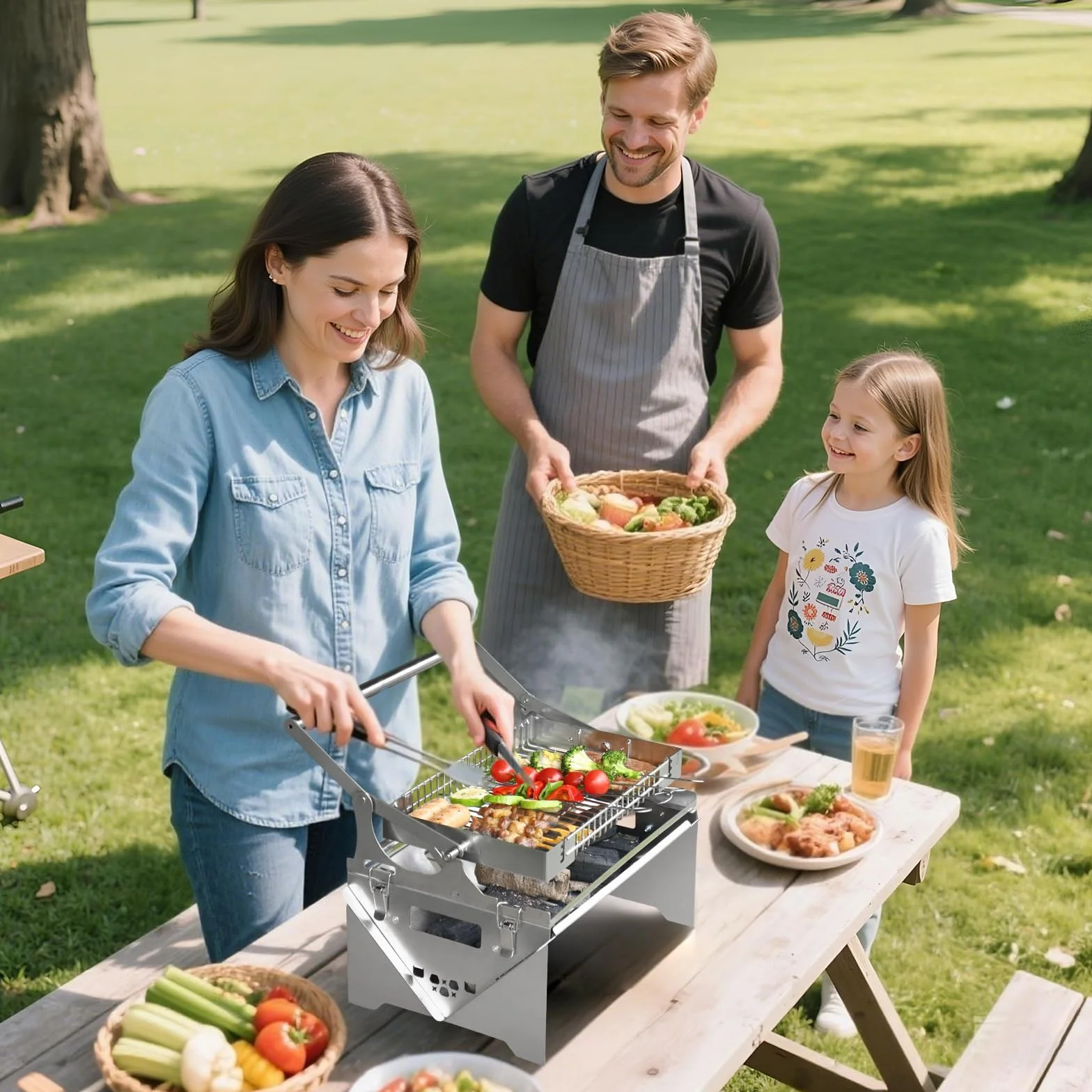 Obrotowy grill ze stali nierdzewnej 360° z funkcją przewracania, przenośny grill na węgiel drzewny na zewnątrz