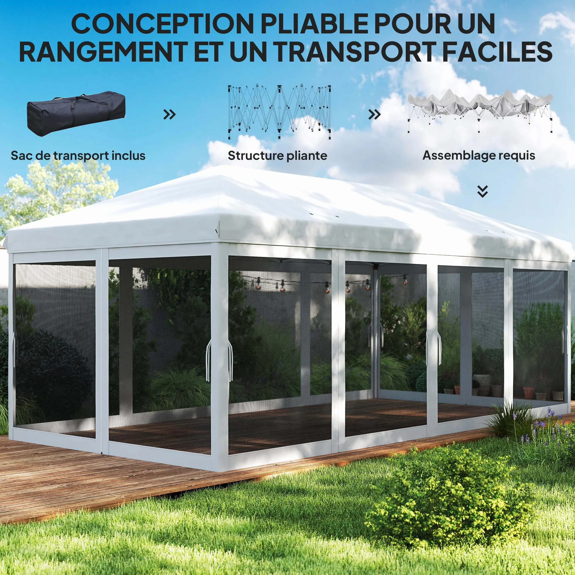 Outsunny Składany pawilon ogrodowy 6 x 3 m z moskitierami UV torba biały