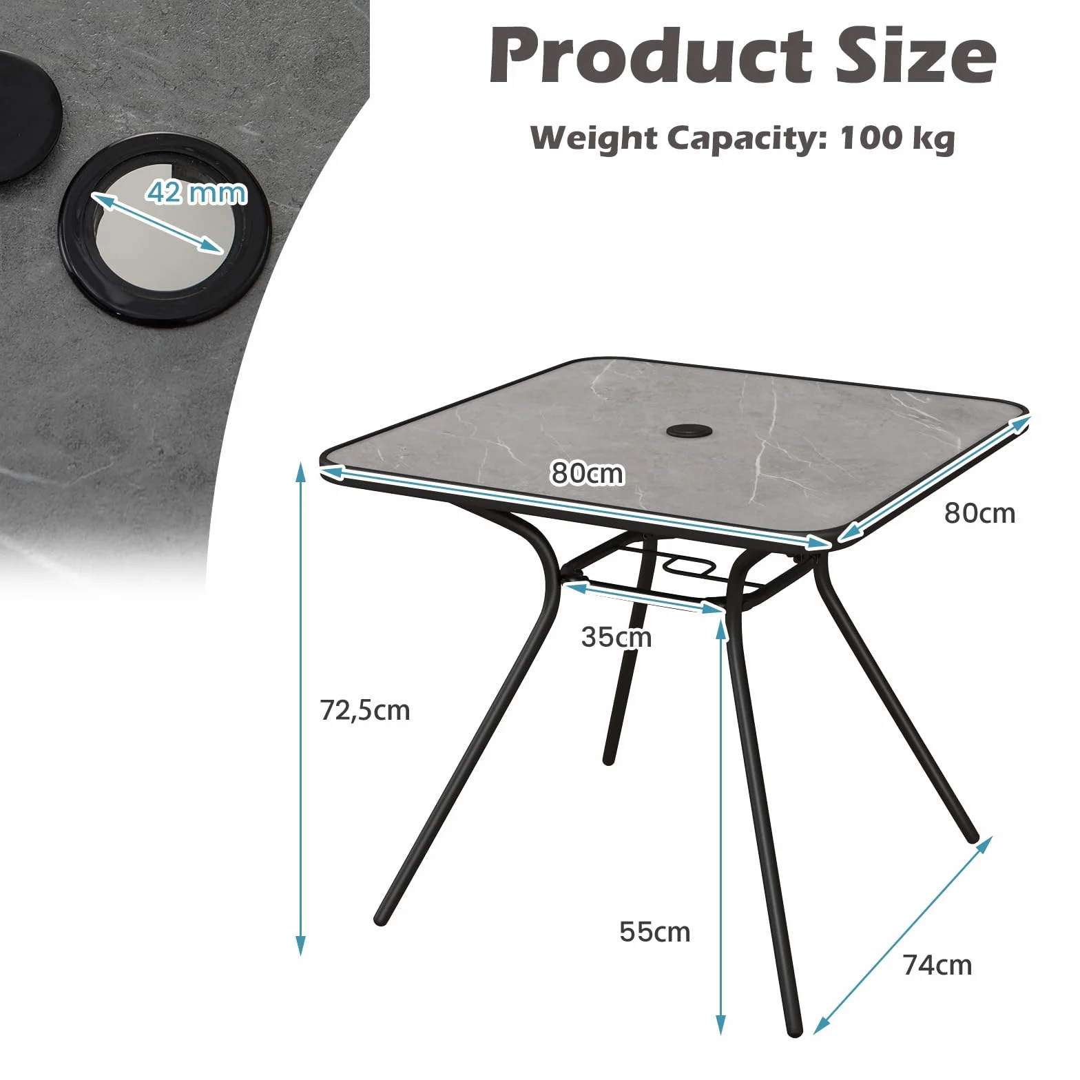KOMFOTTEU Stolik pomocniczy z otworem na parasol, stół ogrodowy 80 x 80 cm dla 4 osób, stół balkonowy z blatem ze sztucznego marmuru, stół bistro do 100 kg, stół na balkon, taras, do ogrodu