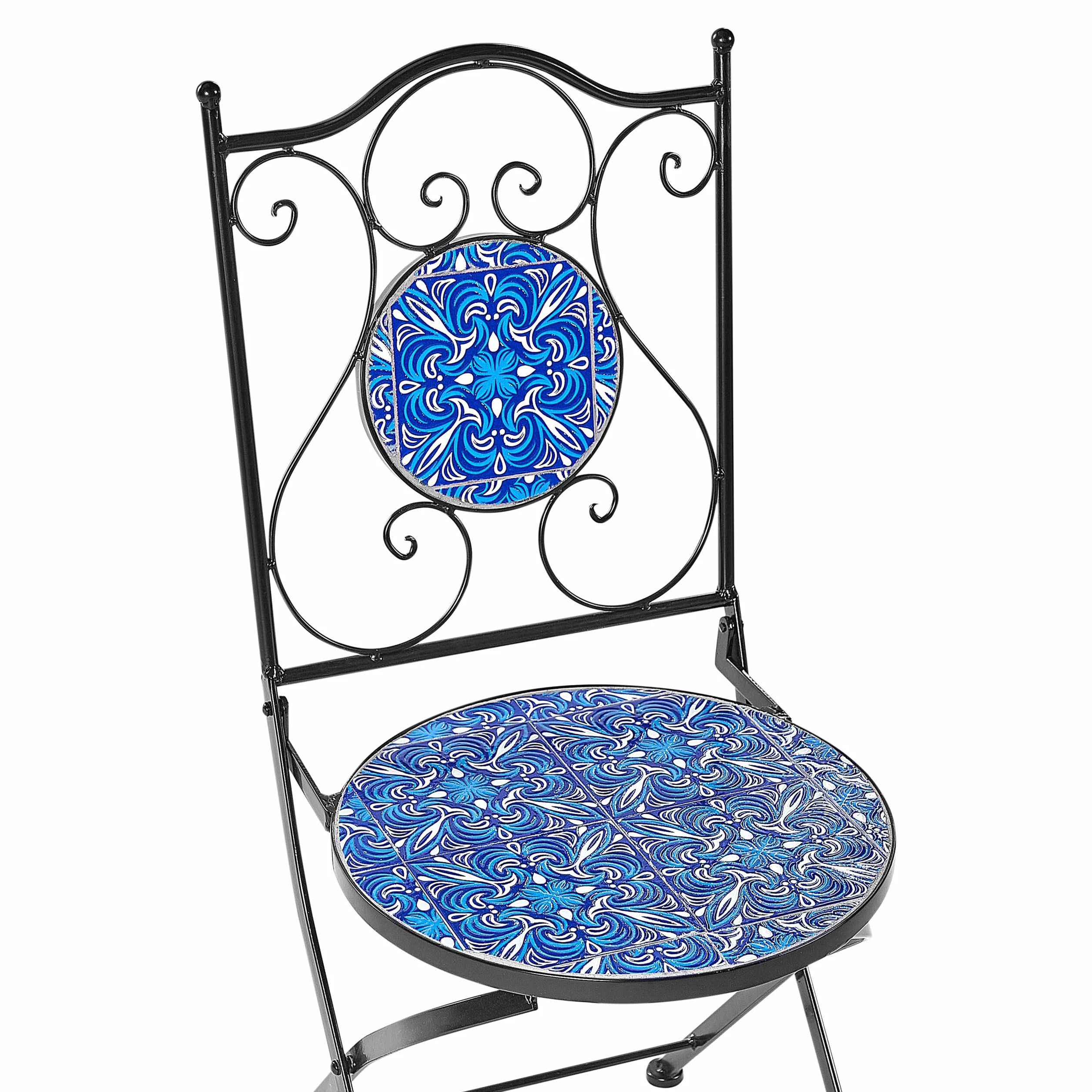 Metalowy zestaw mebli balkonowych ogrodowych niebieska mozaika ceramiczna styl vintage czarny Cigilano