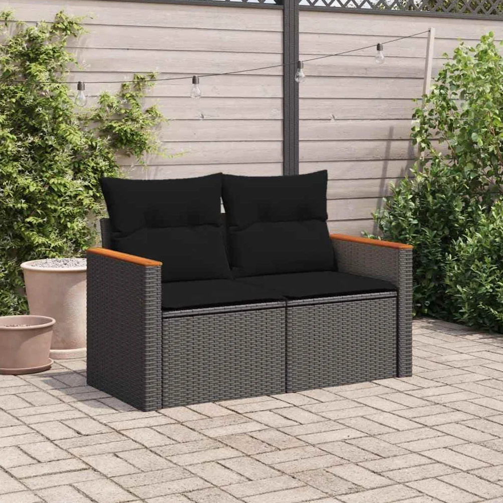 vidaXL Sofa ogrodowa z poduszkami, 2-osobowa, czarna, z polirattanu