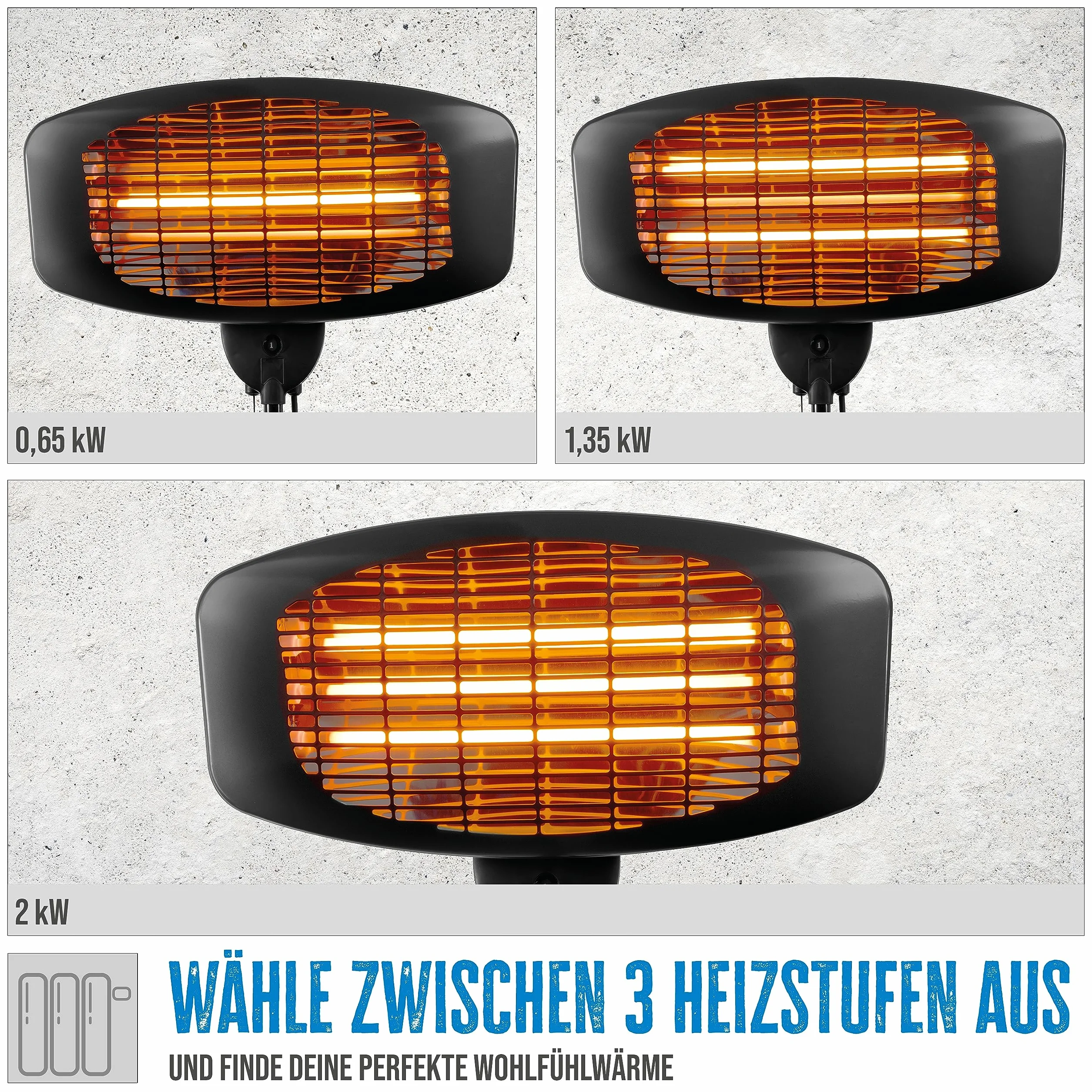 Güde Grzejnik stojący na podczerwień GIH 2000 (moc grzewcza 2000 W, 3 stopnie ogrzewania (650/1035/2000 W), 15 m³ maks. zdolność ogrzewania pomieszczeń, kwarcowe elementy grzejne, duża podstawa i