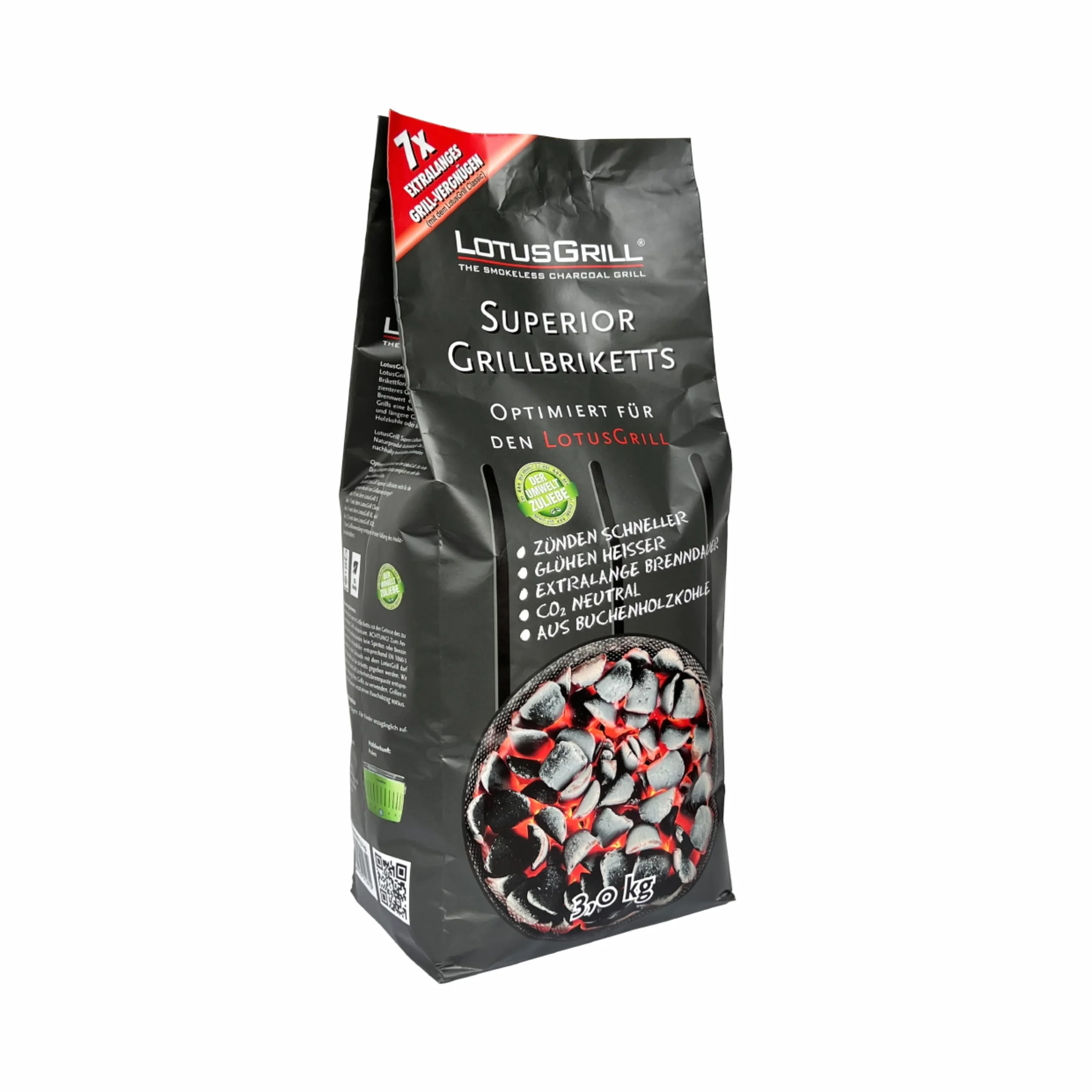 LotusGrill Superior Brykiety do grilla z węgla bukowego, 3 kg, neutralne CO2, szybkie zapalanie, długotrwałe palenie