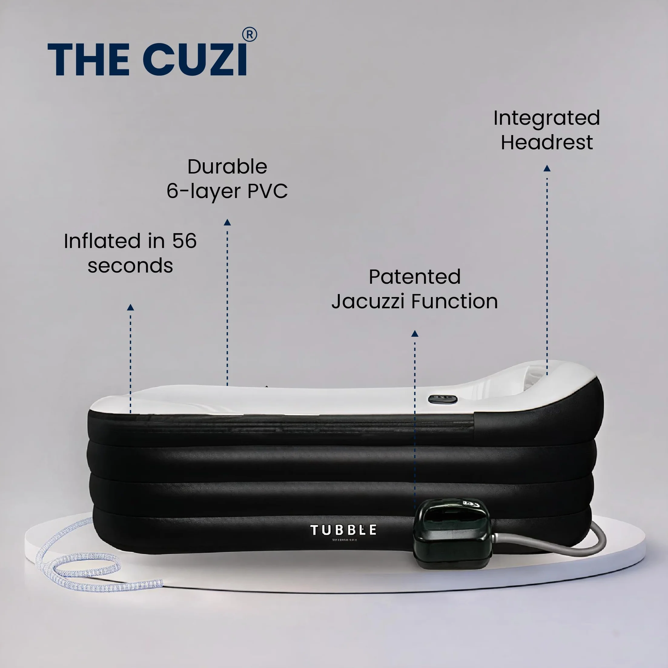 Tubble® Cuzi Nadmuchiwana Wanna z Hydromasażem 255L Black Onyx - Składane Spa dla Dorosłych, Do Użytku Wewnętrznego i Zewnętrznego, Całoroczne Użytkowanie, Relaksujący Masaż Bąbelkowy