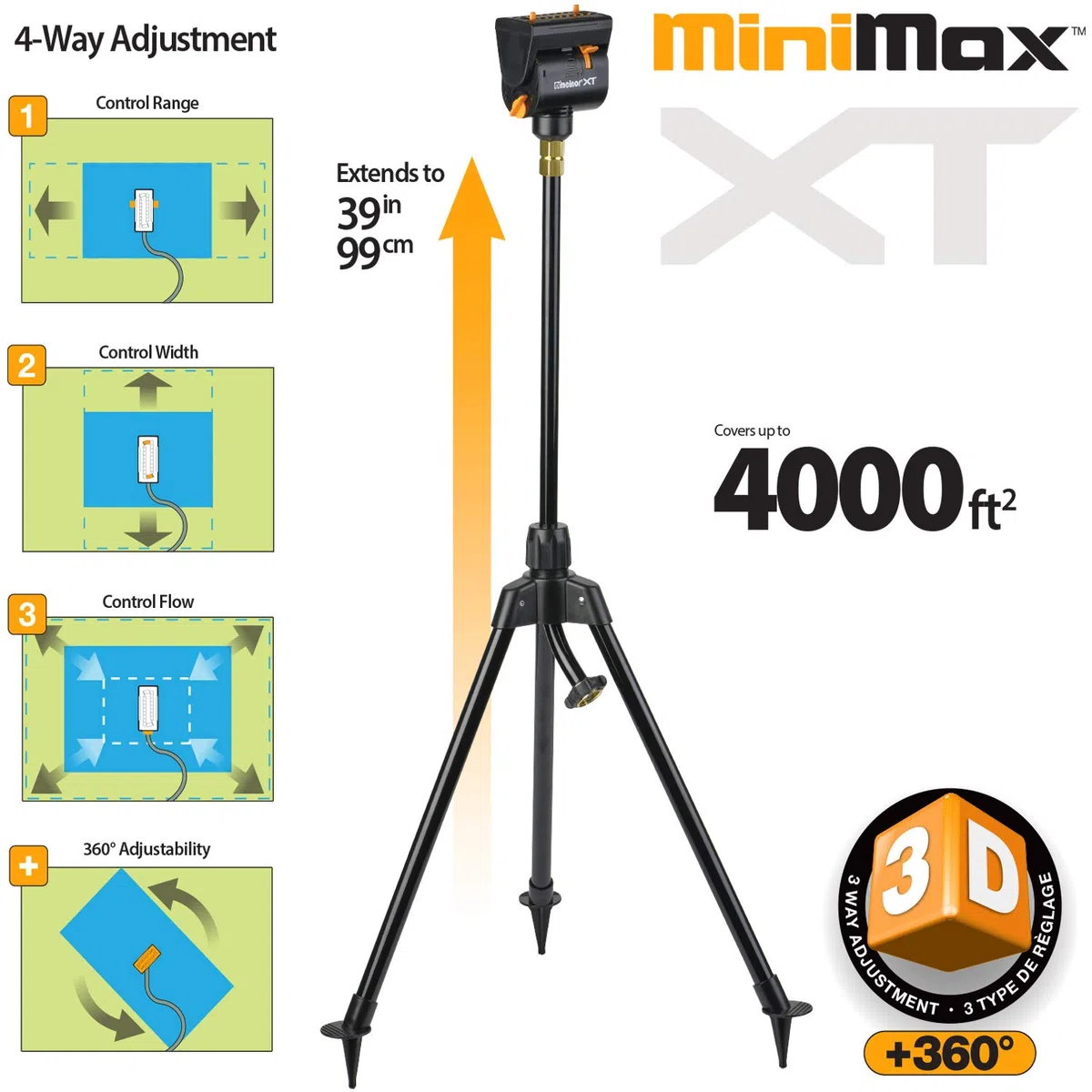 Melnor MiniMax Turbo zraszacz oscylacyjny na statywie, 4000 m2, regulowany w 4 kierunkach, zestaw szybkozłączki, czarny, żółty