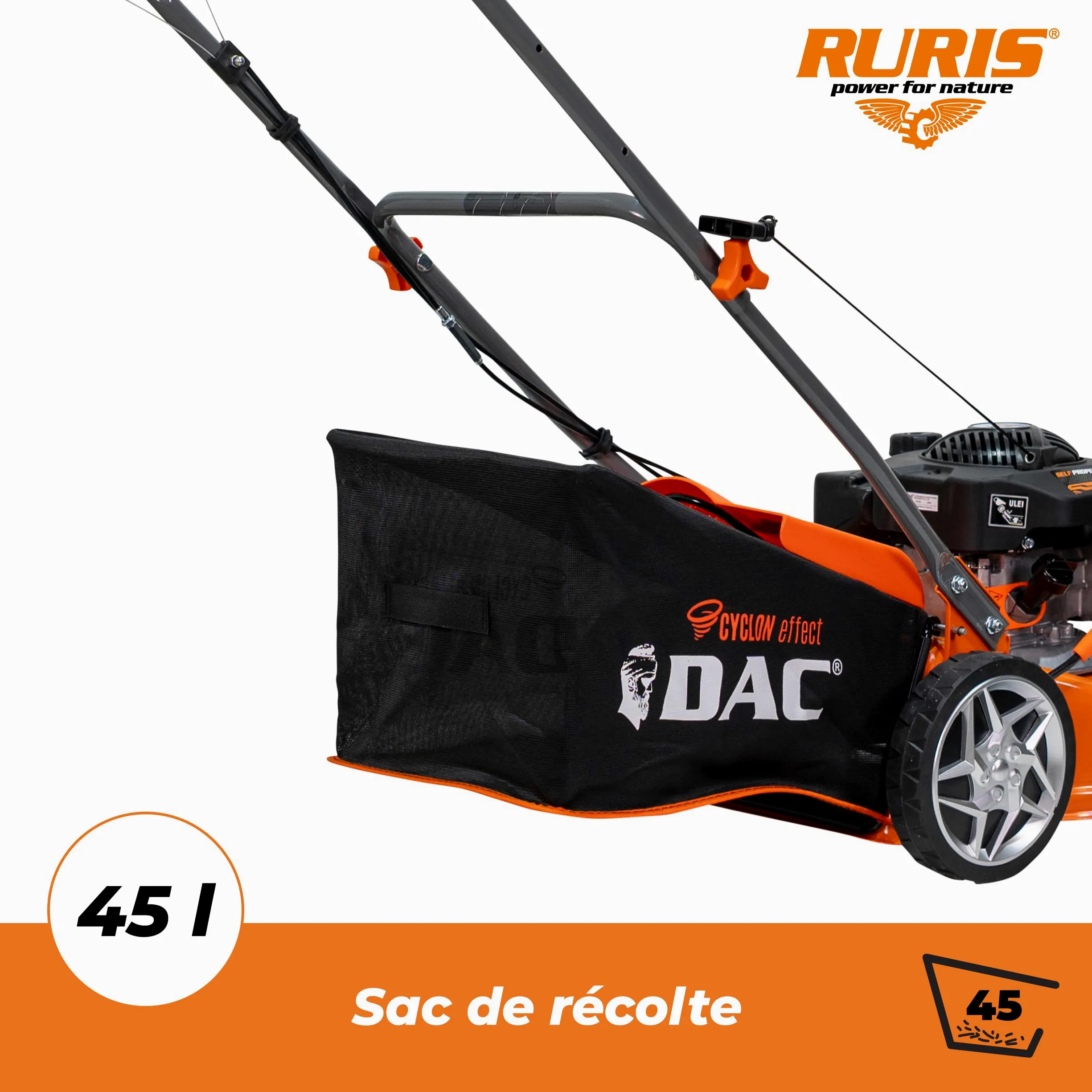 RURIS DAC 110XLS Termiczna kosiarka spalinowa, silnik 3,3 KM, 131 cm³, szerokość cięcia 400 mm, regulowana wysokość 25-65 mm, kosz 45 l, wyrzut tylny, metalowa rama