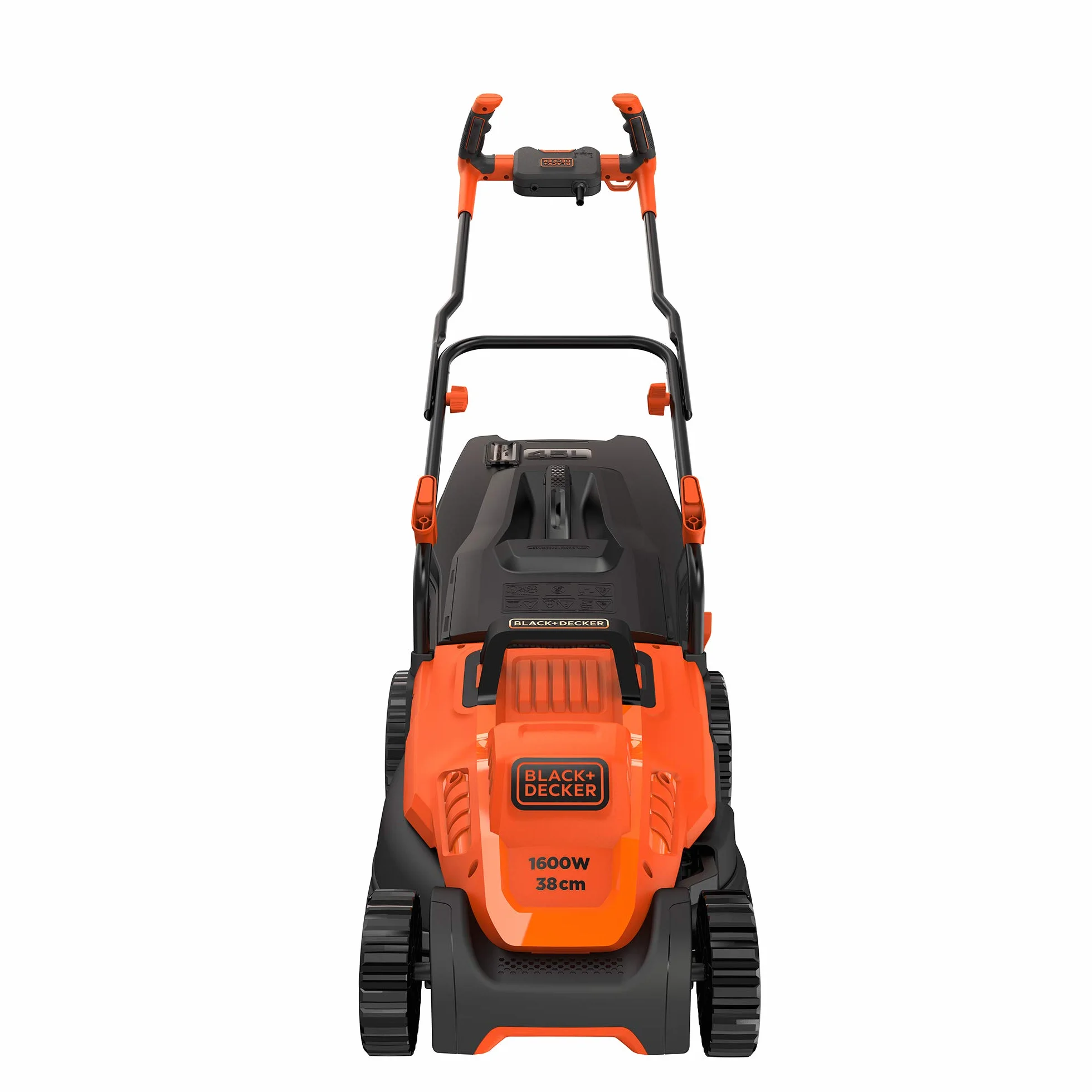 BLACK+DECKER Kosiarka przewodowa 1600 W, elektryczna kosiarka do trawy 38 cm, 6 regulowanych wysokości 20, 30, 40, 50, 60 i 70 mm, kosiarka z uchwytem Bike, BEMW471BH-QS pomarańczowa