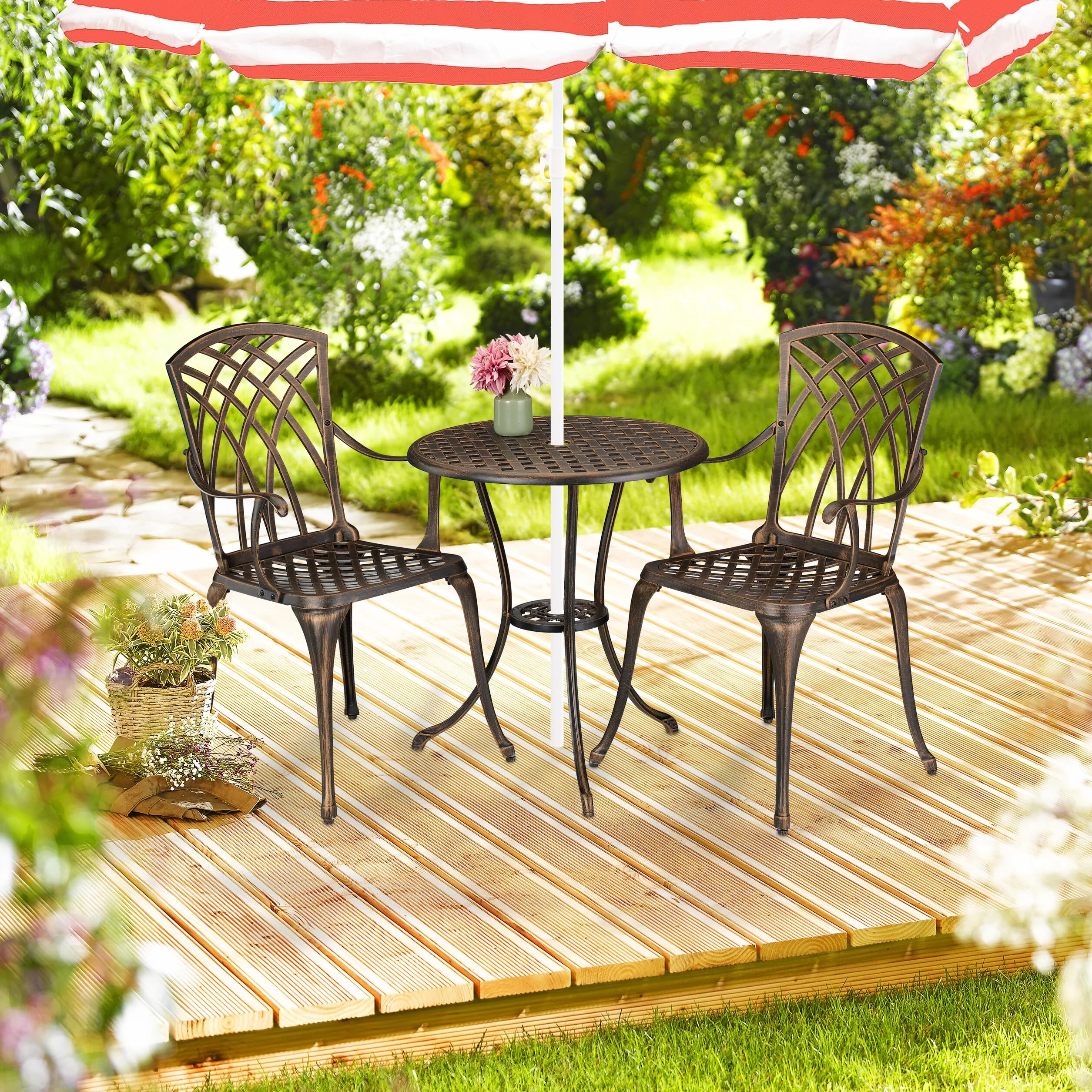 Relaxdays 3-częściowy zestaw mebli ogrodowych, stół, 2 krzesła, odlew aluminiowy, meble balkonowe, antyczny design, zestaw mebli ogrodowych, czarny/brąz