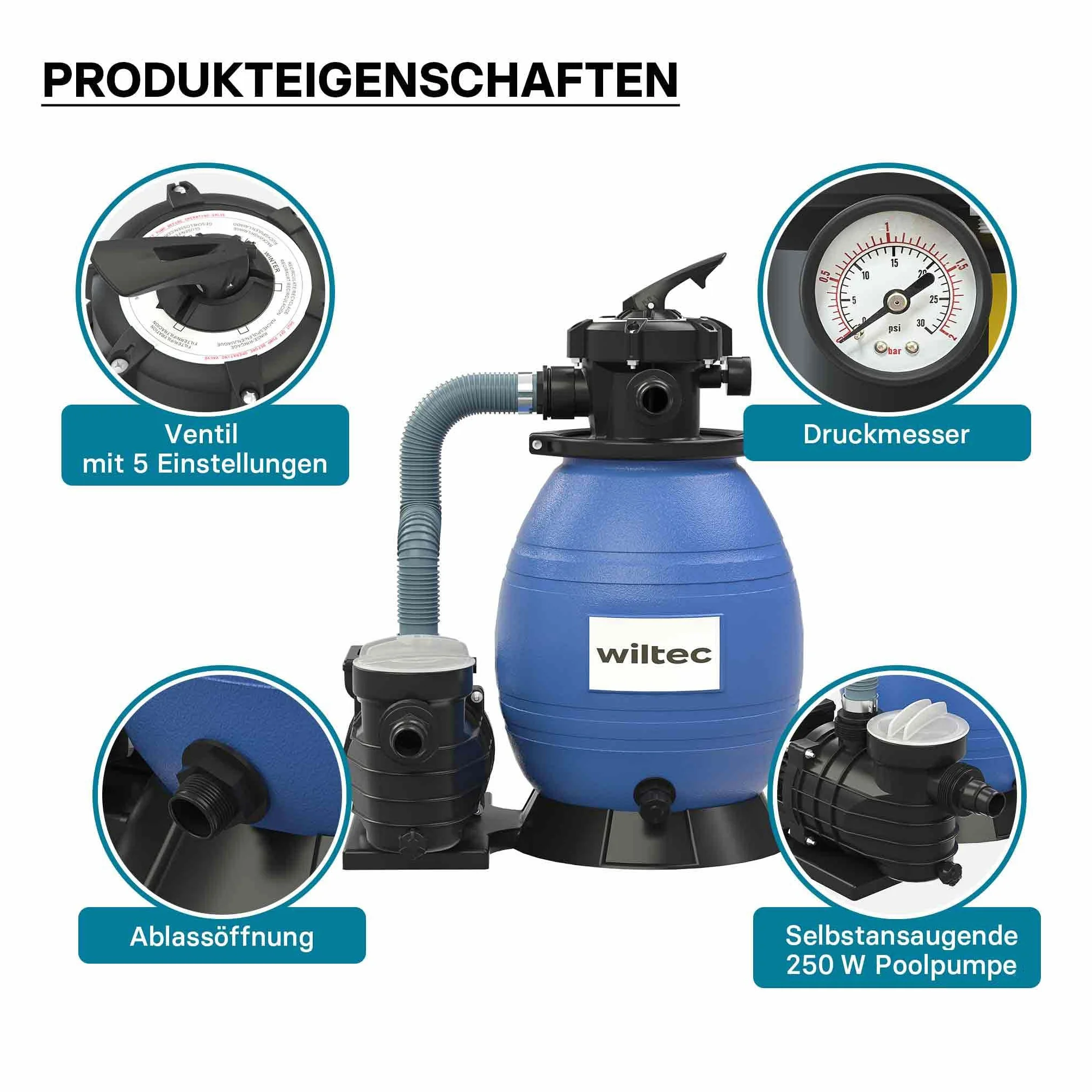 XPOtool System filtra piaskowego 250 W ze zbiornikiem filtra 26 l i pompą samozasysającą 10000 l/h, pompa piaskowa do basenu, filtr do basenu