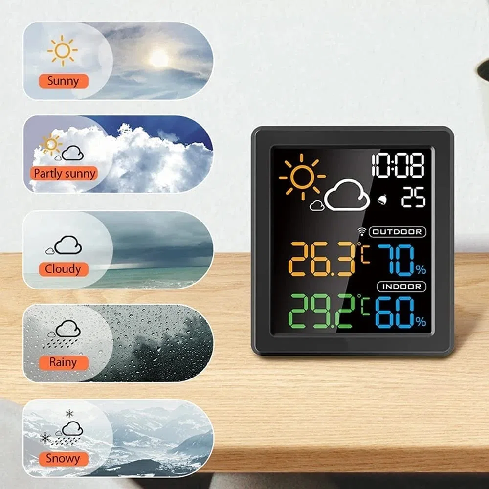 Stacja pogodowa LCD z kolorowym ekranem HD, budzik, inteligentny higrometr, podwójny zegar stołowy, zegar