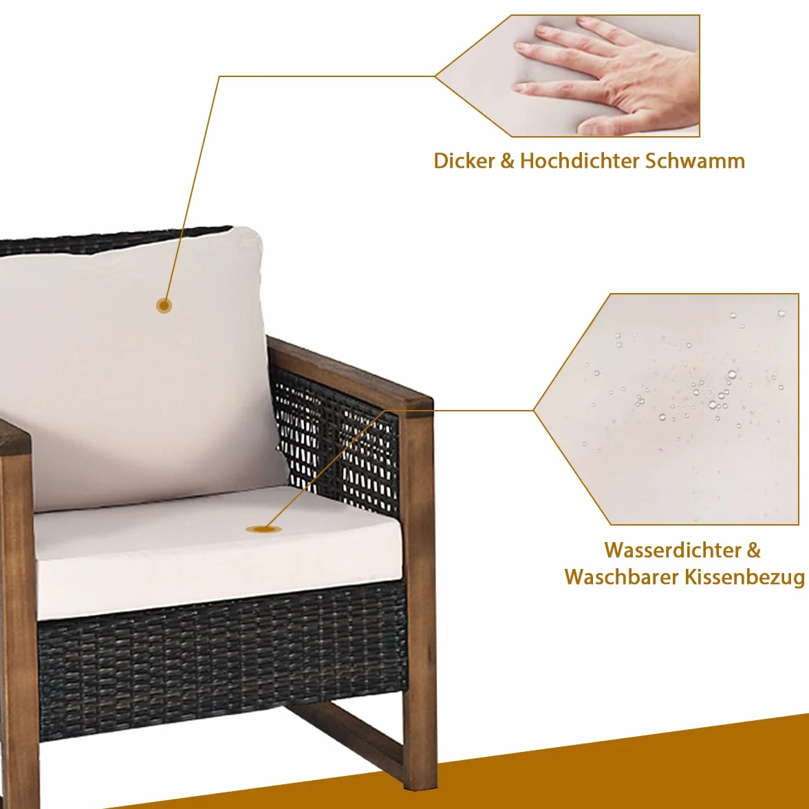 COSTWAY 3-częściowy zestaw mebli ogrodowych z drewna akacjowego, 2 fotele rattanowe i stolik pomocniczy