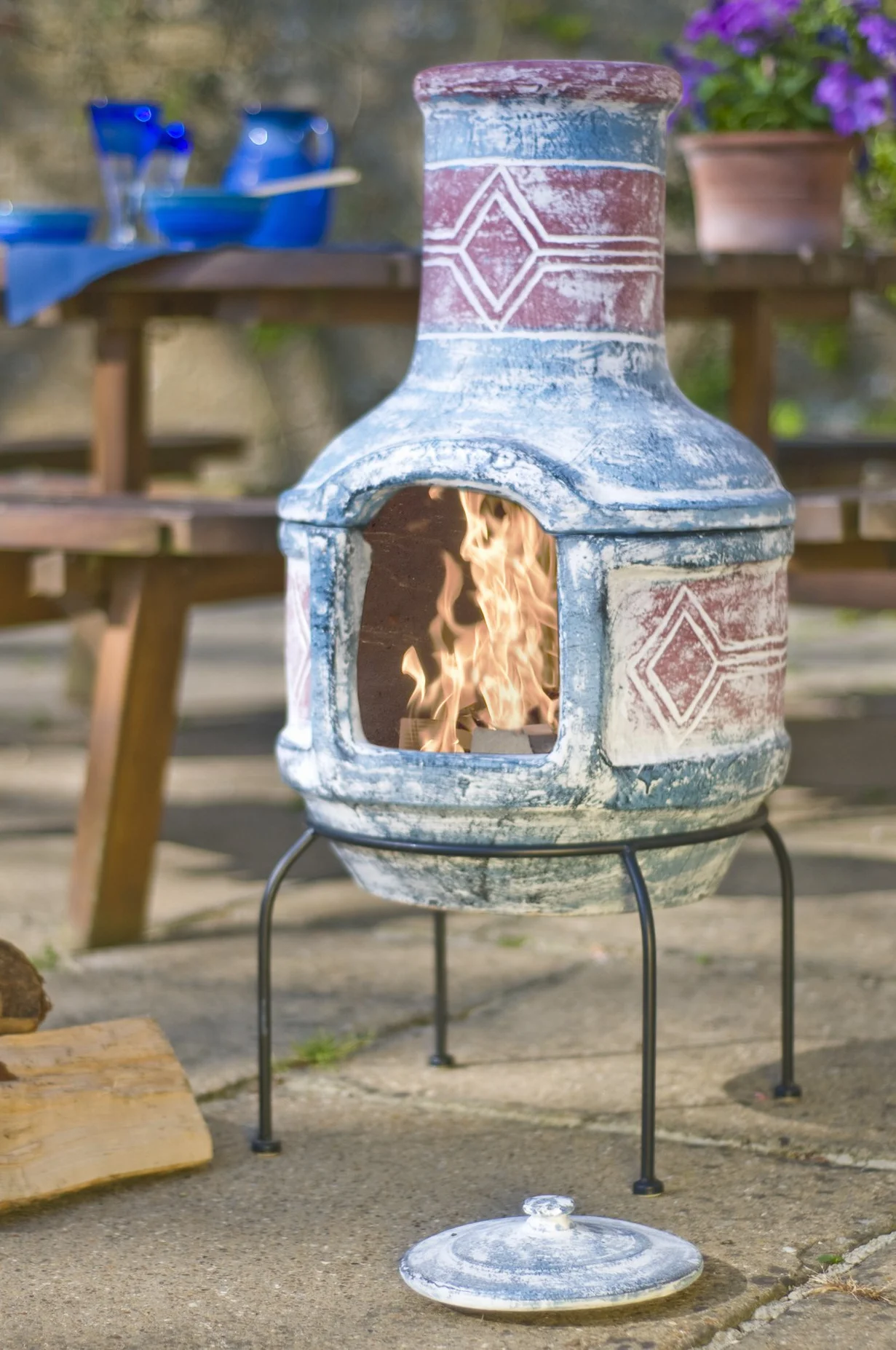 La Hacienda Geometryczny 2-częściowy gliniany chimenea, średni - morski niebieski i czerwony