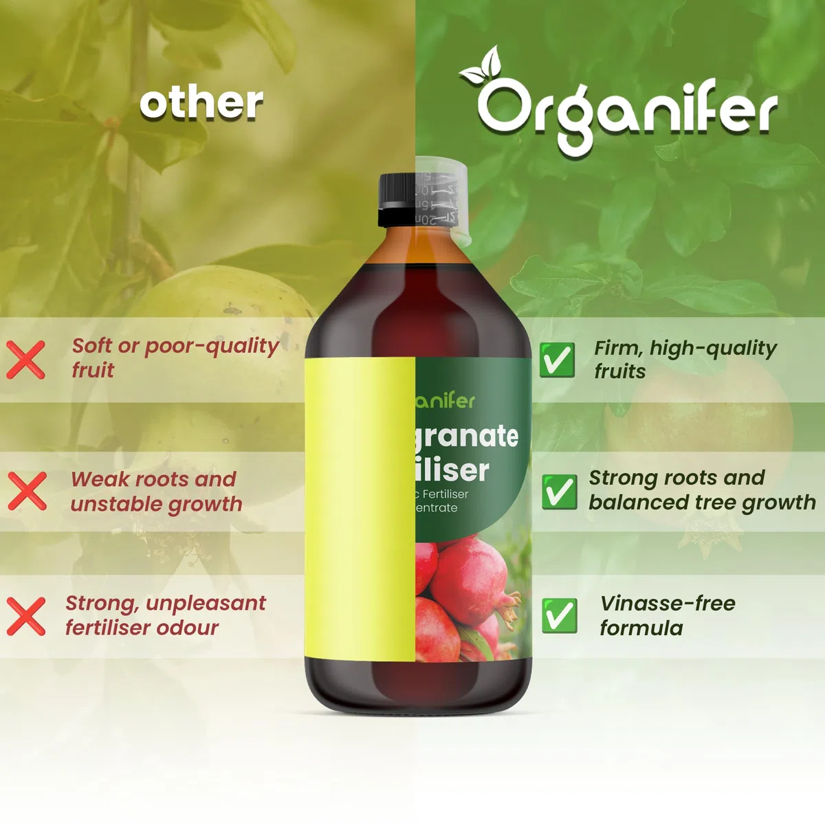 Granat Nawóz Organiczny Do Roślin Owocowych - 4x1L - NPK 2-1-8 | Zdrowe Liście - Silne Korzenie I Wysoka Plonność - Organifer