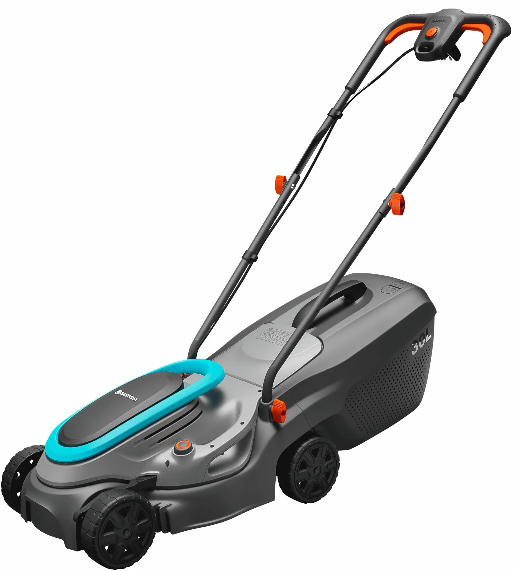Gardena elektryczna kosiarka PowerMax 32/1200 G2: Kosiarka do 300 m², moc 1200 W, szerokość cięcia 32 cm, objętość 30 l, wysokość cięcia 35 do 65 mm, uchwyt ErgoTec, składany (14633-20)