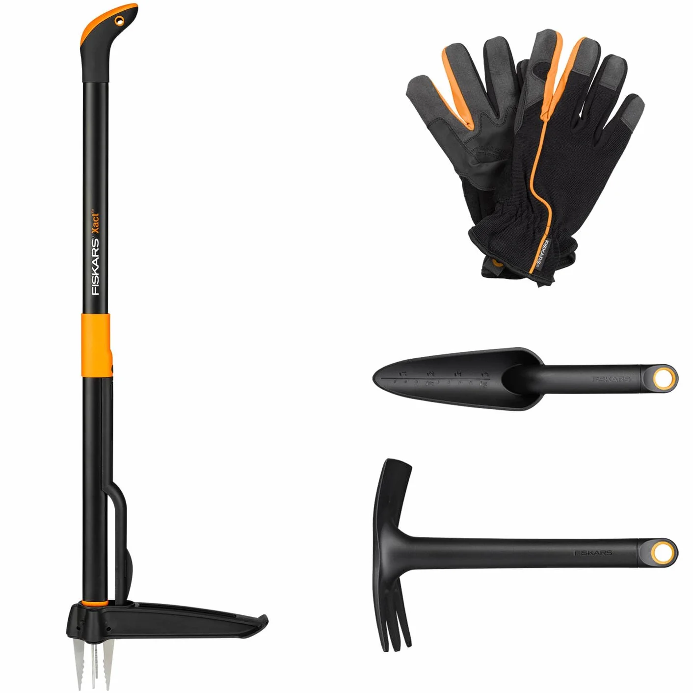Fiskars Zestaw narzędzi ogrodowych 4-częściowy, chwastownik Xact, motyka i kielnia Solid, stal nierdzewna/plastik, FiberComp, rękawice robocze rozmiar 10, czarny/pomarańczowy