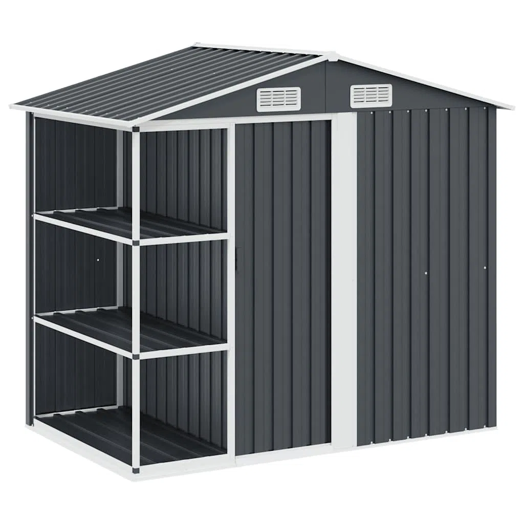 Domek ogrodowy z regałem, antracyt, 205 x 130 x 183 cm, żelazny domek ogrodowy ze stelażem do przechowywania urządzeń ogrodowych i przedmiotów gospodarstwa domowego, wytrzymały regał stalowy do