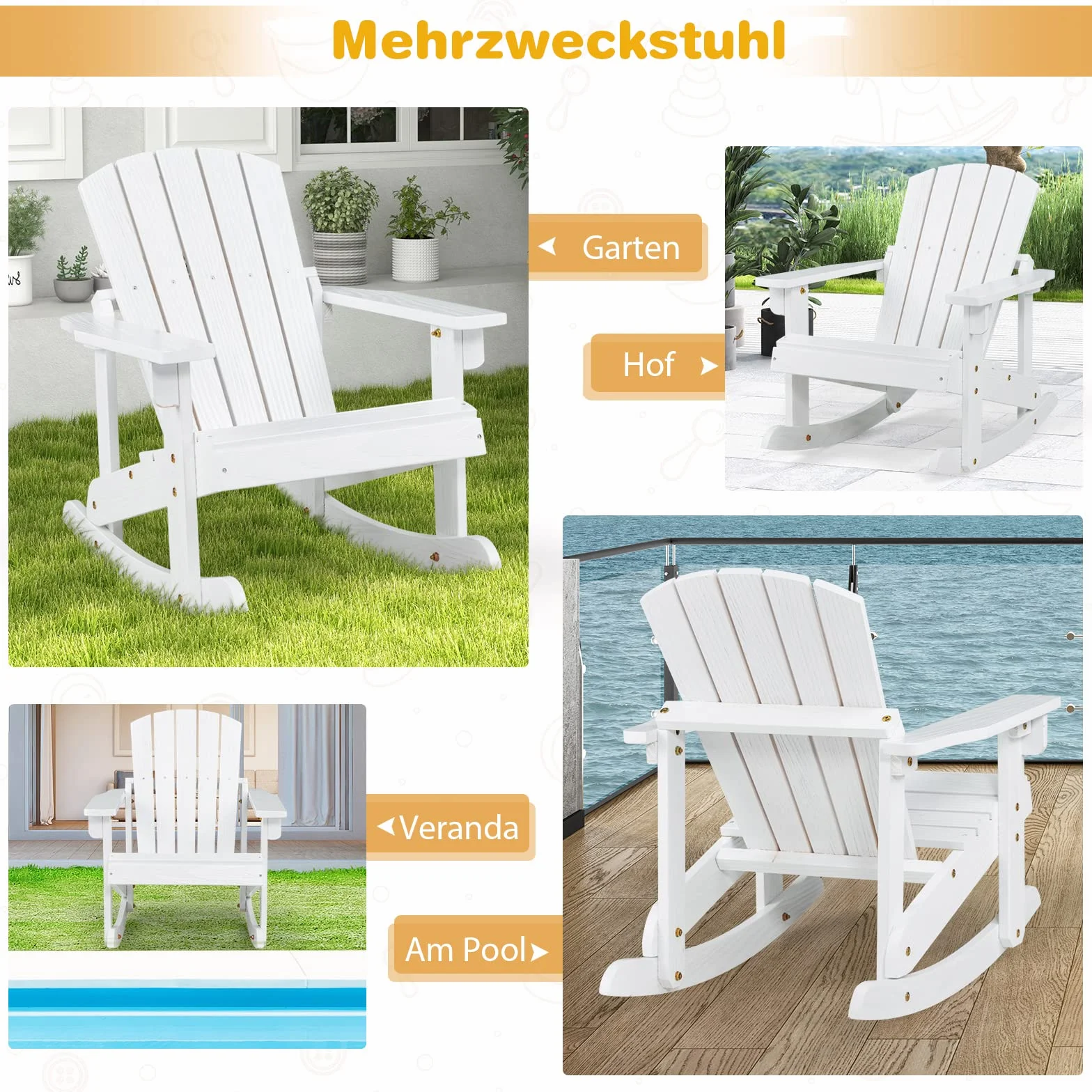 COSTWAY Adirondack krzesło bujane dla dzieci, fotel ogrodowy z drewna, fotel bujany, meble dziecięce na balkon, do ogrodu, na podwórko (kolor biały)