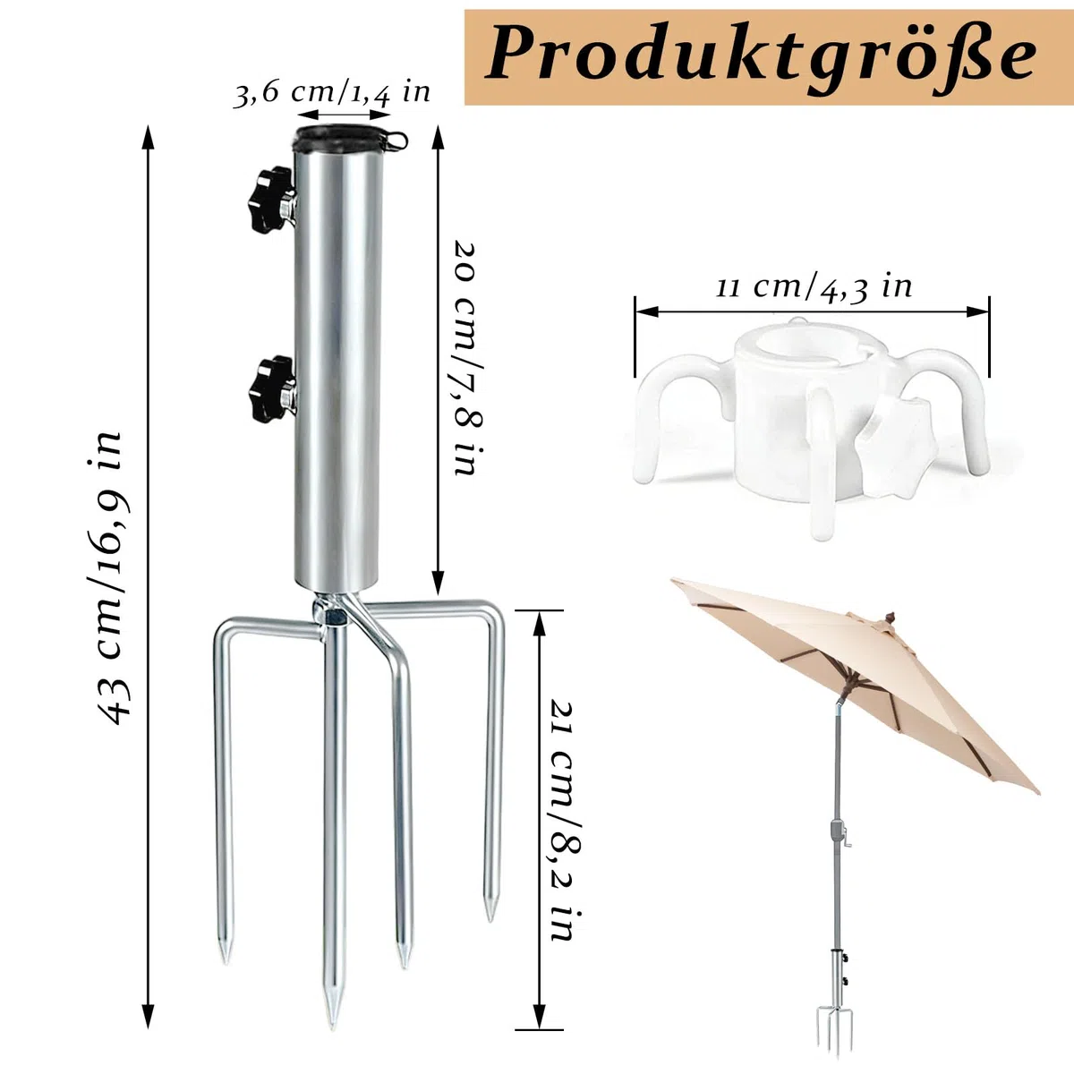 Trzpień do parasola przeciwsłonecznego, srebrny Lawn Spike na parasol, zdejmowany stojak na parasol przeciwsłoneczny z trzpieniem trawnikowym, stojak na parasol ogrodowy, parasol przeciwsłoneczny