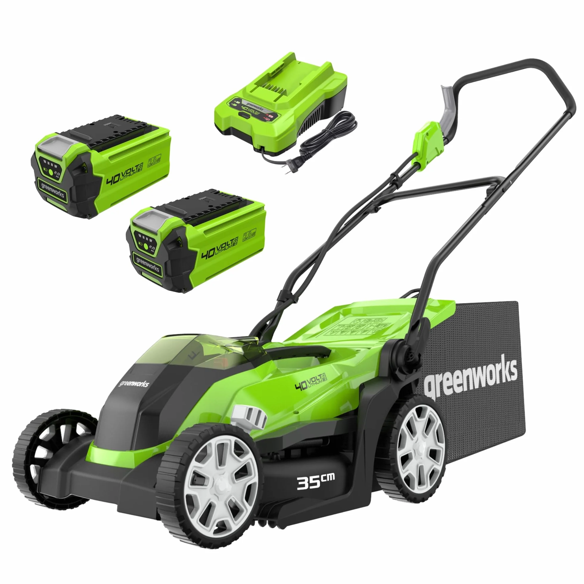 Greenworks G40LM35K2X Kosiarka Akumulatorowa do Trawników do 400m², Szerokość Koszenia 35cm, Torba 40L PLUS Dwie Baterie 40V 2Ah i Jedna Ładowarka