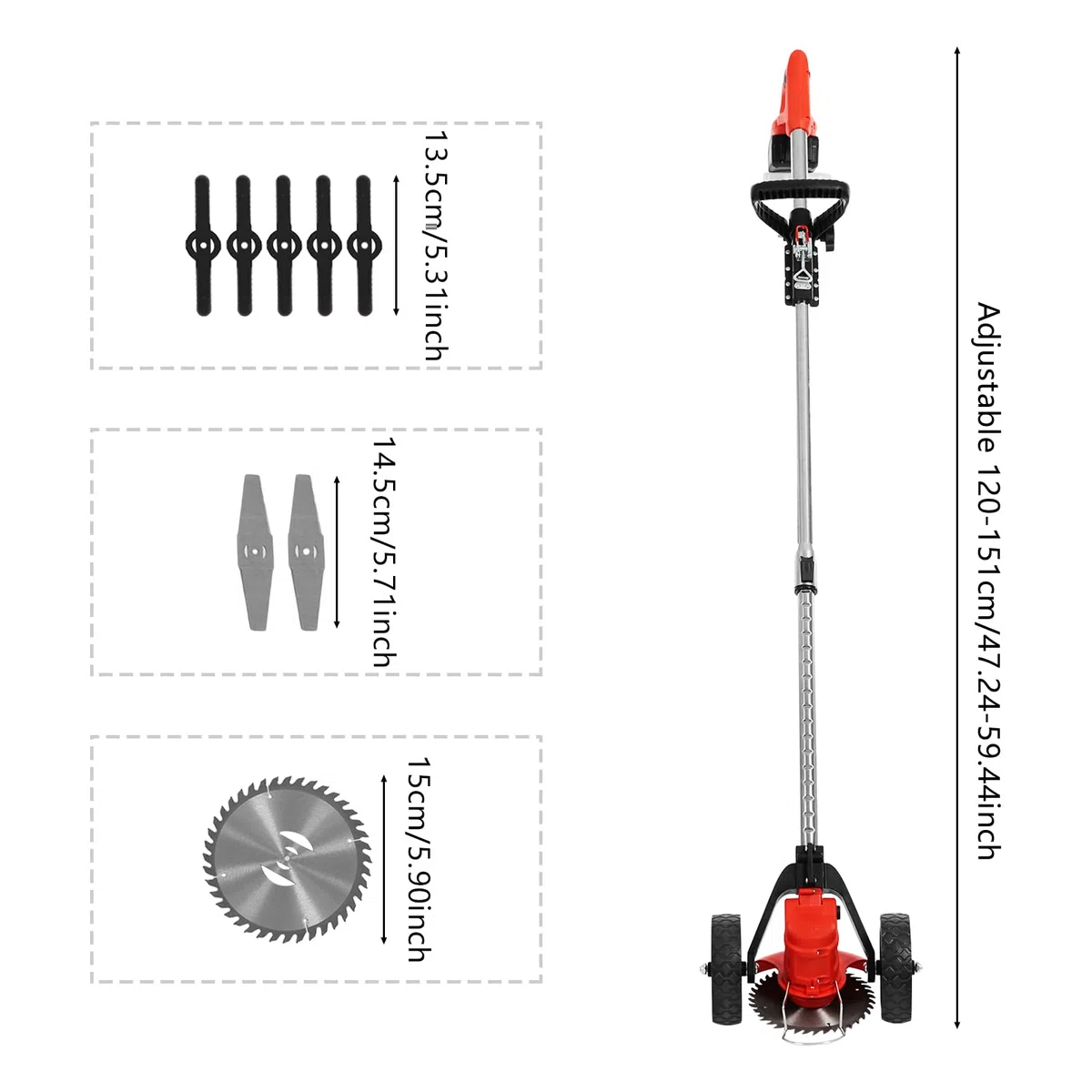 Akumulatorowa podkaszarka do trawy, 800 W, z 2 bateriami, 2 kółkami, 7 ostrzami, 18000 obr./min, regulowana długość 120-151 cm, do ogrodów, trawników
