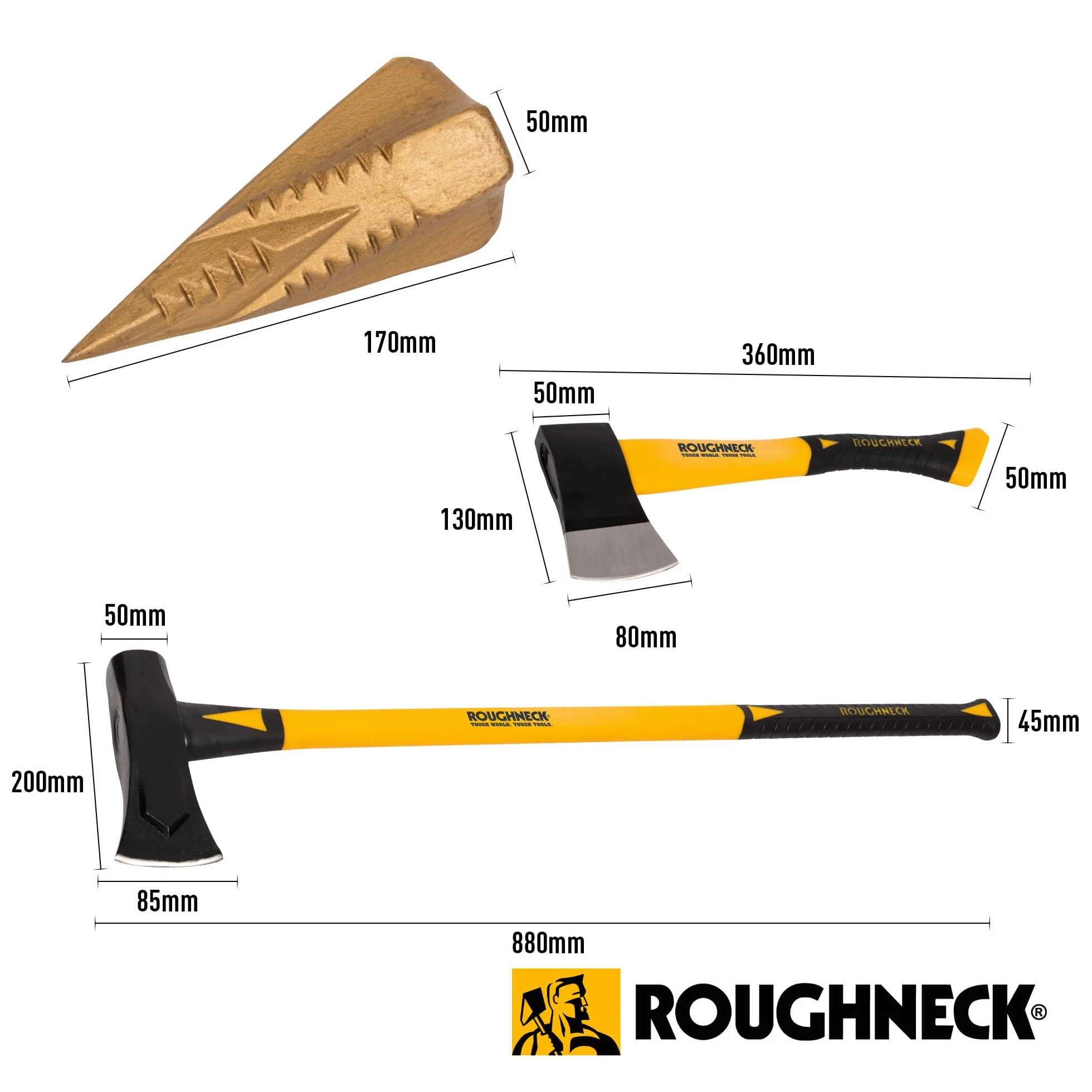 Roughneck Zestaw do Cięcia i Łupania Drewna ROU65501, 3 Części, w tym Łuparka (2,7 kg), Siekiera (0,6 kg) i Klin Rozłupujący Wood Grenade, Żółto-Czarny