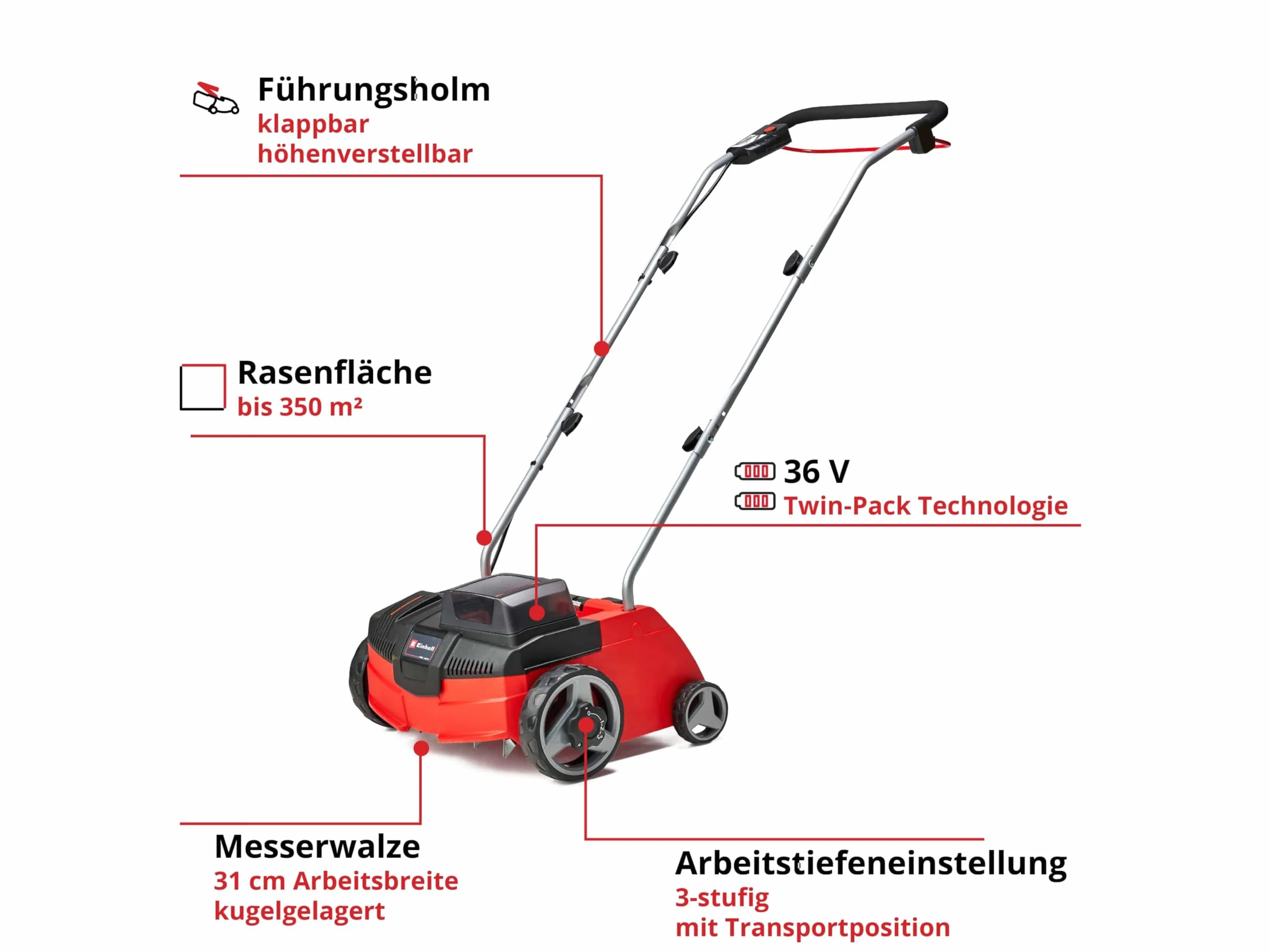 Einhell Wertykulator akumulatorowy GC-SC 36/31 Li-Solo Power X-Change (litowo-jonowy, 36 V, szerokość robocza 31 cm, rolka nożowa z łożyskiem kulkowym z 8 nożami, bez akumulatora i ładowarki)
