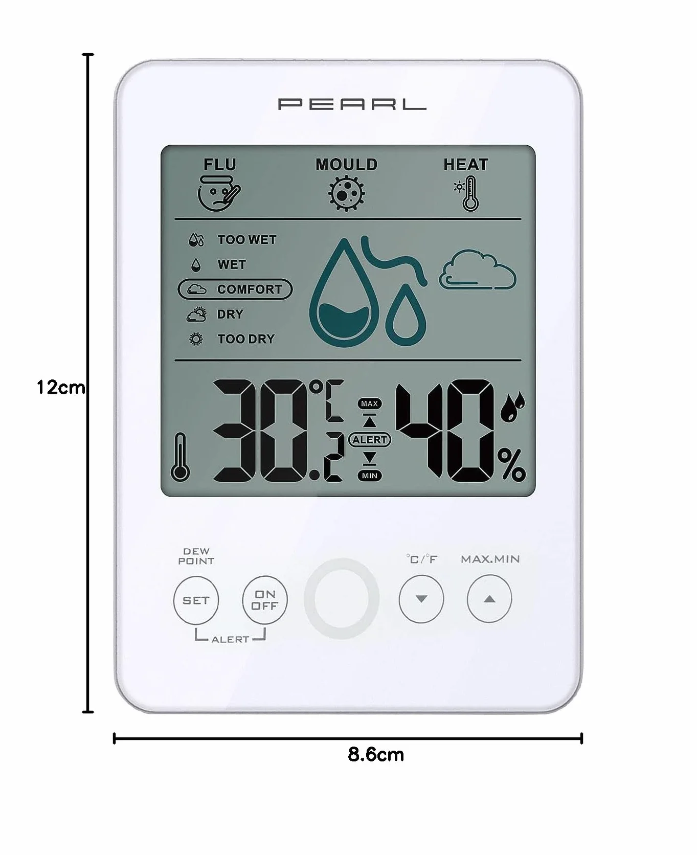 PEARL Hydrometr: cyfrowy higrometr/termometr z alarmem pleśni i wskaźnikiem komfortu, biały (czujnik pleśni, cyfrowy higrometr, miernik wilgotności roślin)