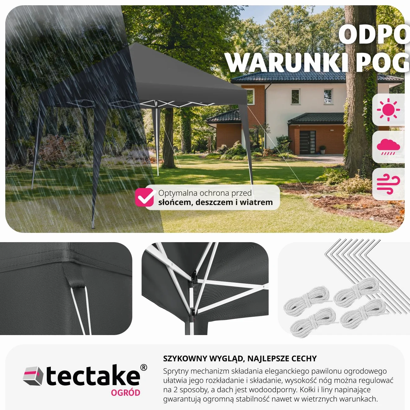 tectake® Składana Altanka, Pawilon Ogrodowy 3x3m, Wodoodporny Dach z Ochroną UV, Stalowy Stelaż Malowany Proszkowo, Regulacja Wysokości, Łatwy Montaż, Namiot Imprezowy (Szary)
