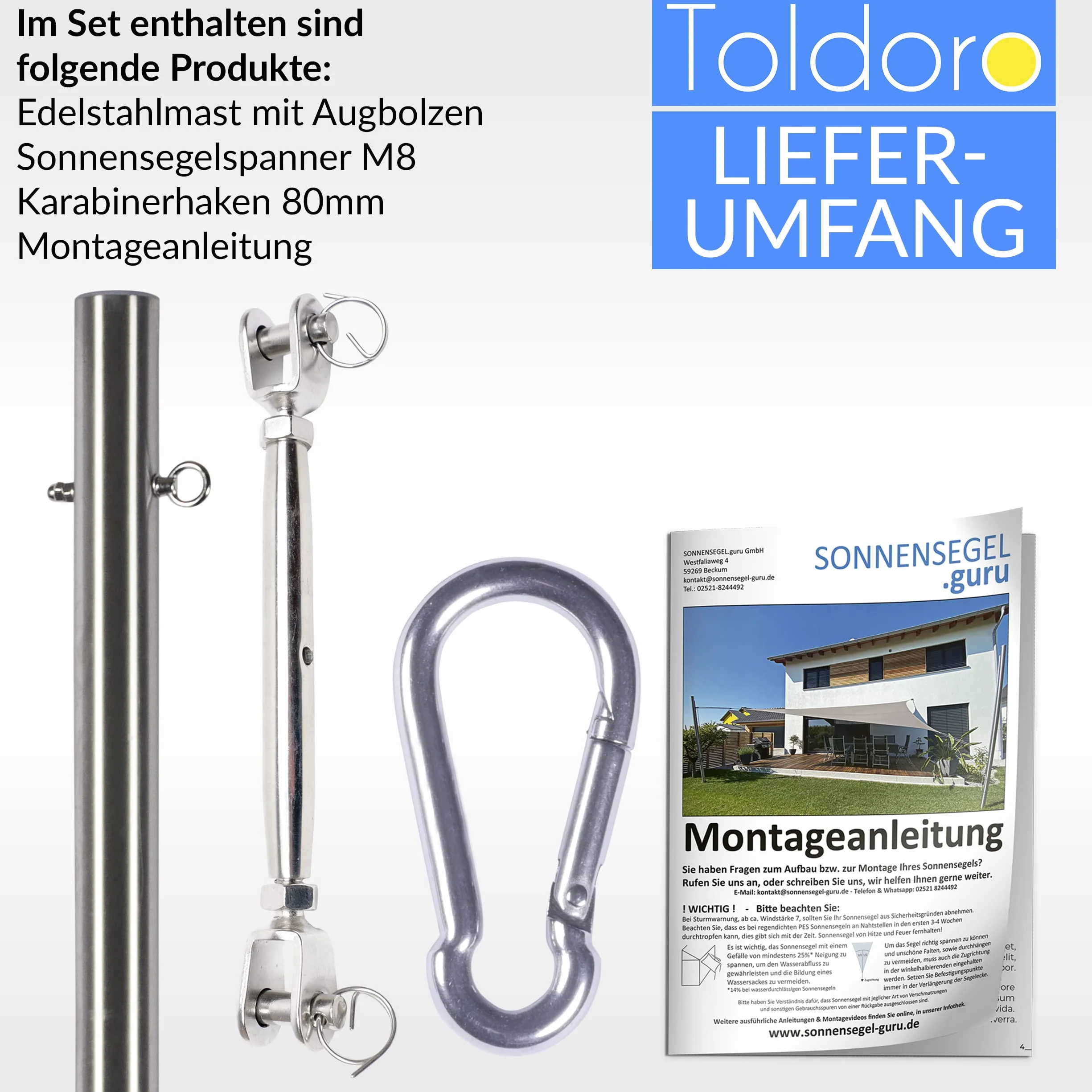 Toldoro® 3 m maszt na żagiel przeciwsłoneczny z bolcem oczkowym / Ø 70 mm, nierdzewny maszt przeciwsłoneczny ze stali szlachetnej V2A / słupek do żagla przeciwsłonecznego/stabilny żagiel