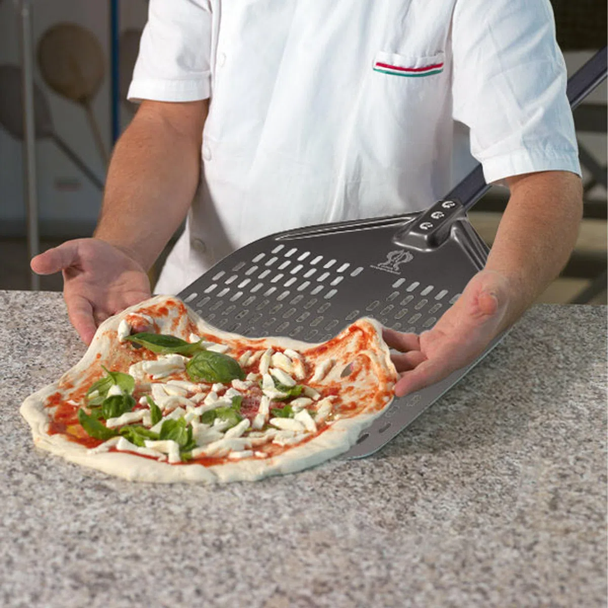 PizzaTurning Peel 25 cm Perforowana peeling do pizzy i pędzel do pizzy, grabie popielate, 4-częściowy zestaw przyborów do piekarnika do pizzy z aluminiowym uchwytem 100 cm