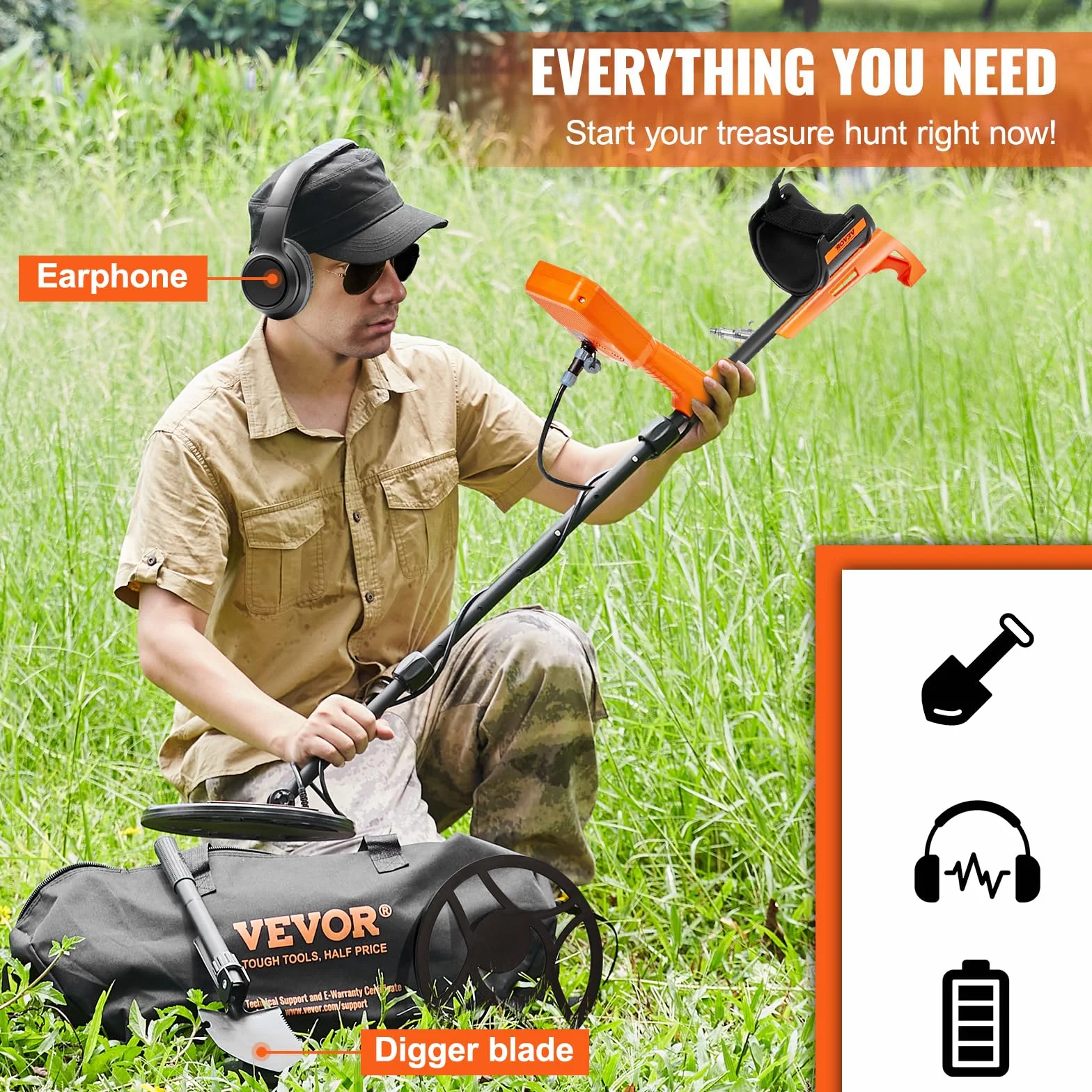 VEVOR Wykrywacz metali Cewka wyszukiwania 30,5 cm akumulator 99-127 cm wodoodporny ekran LCD IP68 7 trybów chip DSP słuchawki Bluetooth do poszukiwania złota poszukiwanie skarbów czarny/pomarańczowy