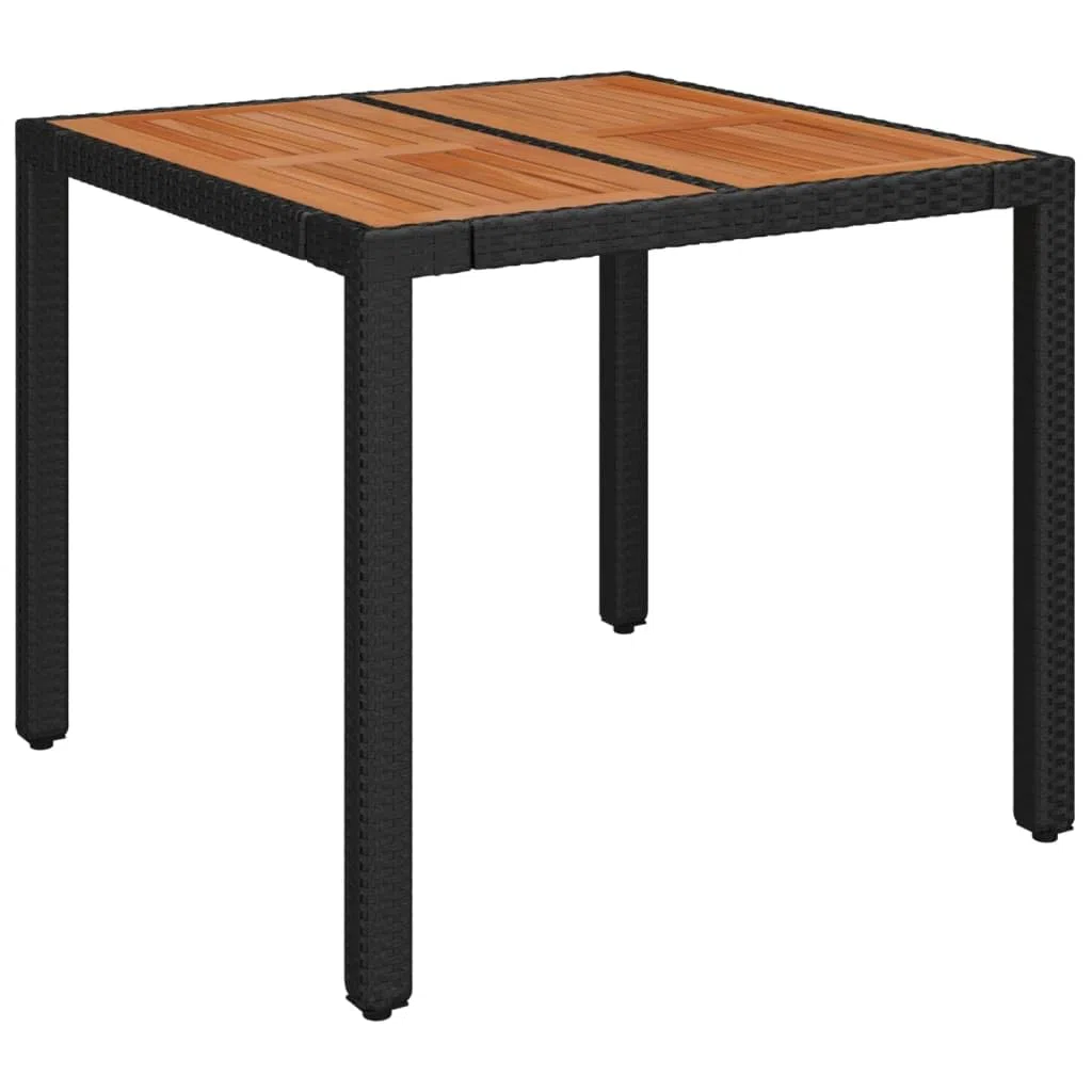vidaXL Stół ogrodowy, drewniany blat, czarny, 90x90x75 cm, rattan PE, stolik ogrodowy, stół do ogrodu, stół na taras, stoliki ogrodowe