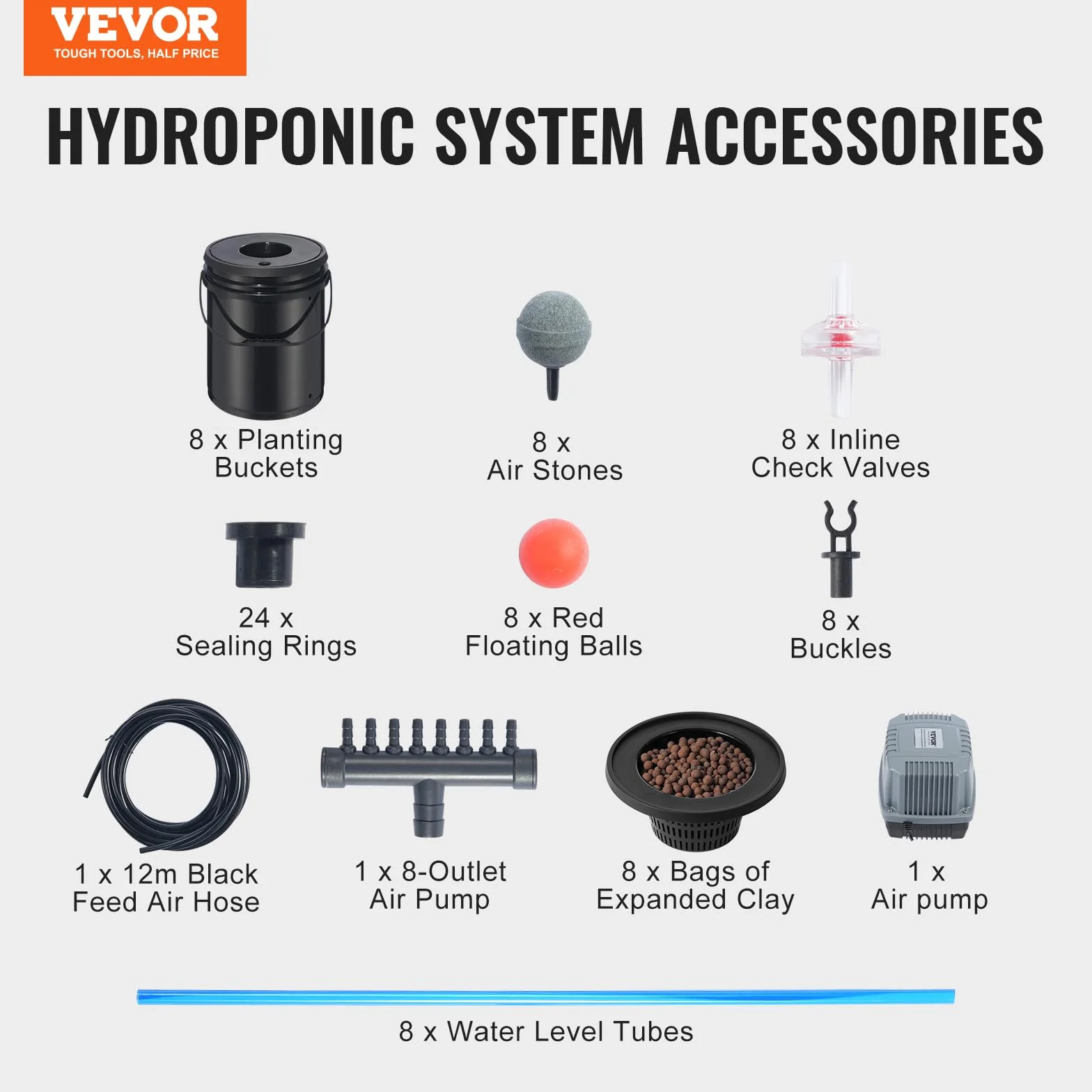 VEVOR Hydroponiczny system uprawy DWC, zestaw do uprawy głębokiej wody 20 litrów, pompa powietrza, kamienie porowate, urządzenie poziomu wody, system hydroponiczny, warzywa liściaste