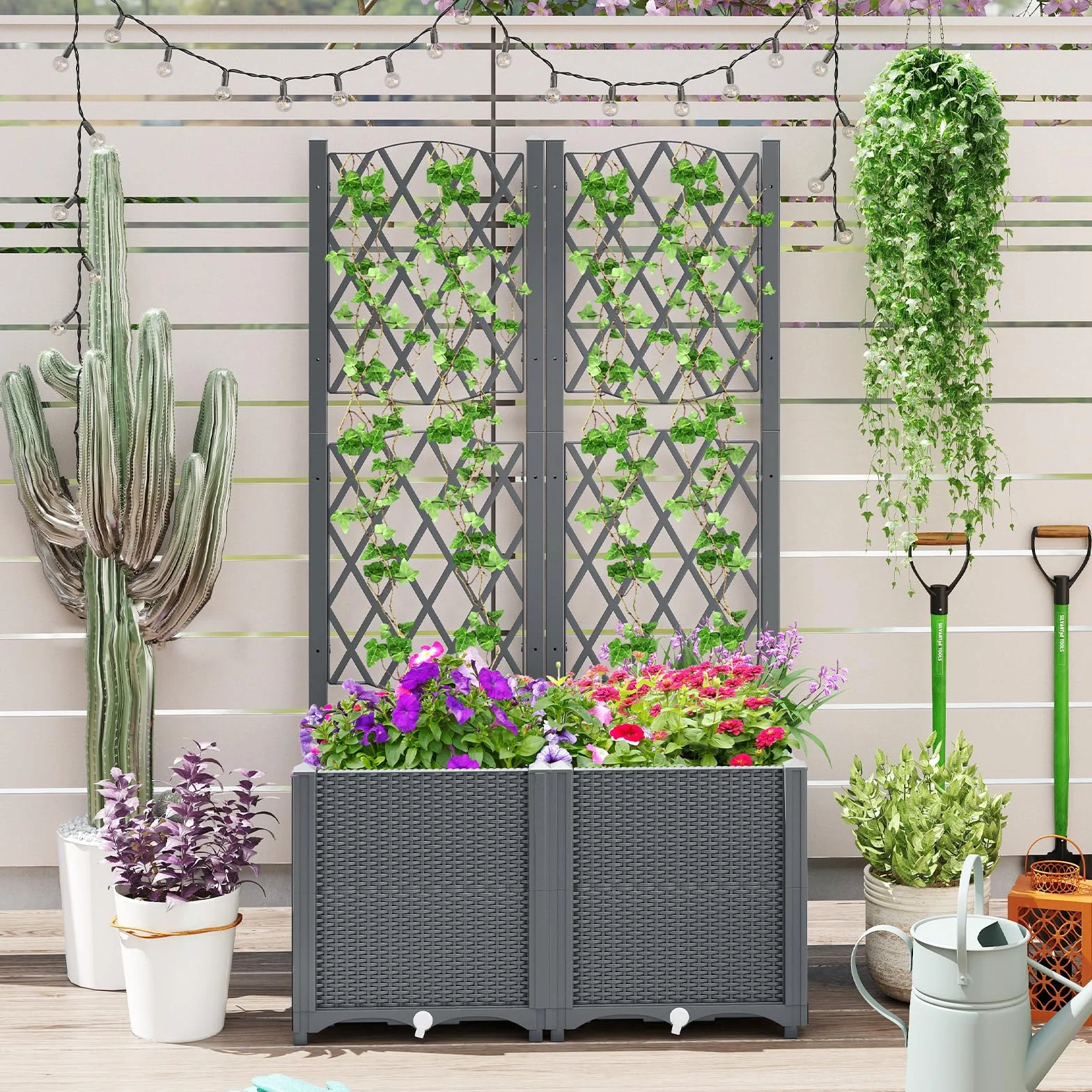 COSTWAY Skrzynka na kwiaty z kratką dla roślin pnących, podwyższona grządka z pergolą, donica na kwiaty do ogrodu, na podwórko, balkon, pergola ogrodowa, skrzynka na rośliny pnące z samoczynnym