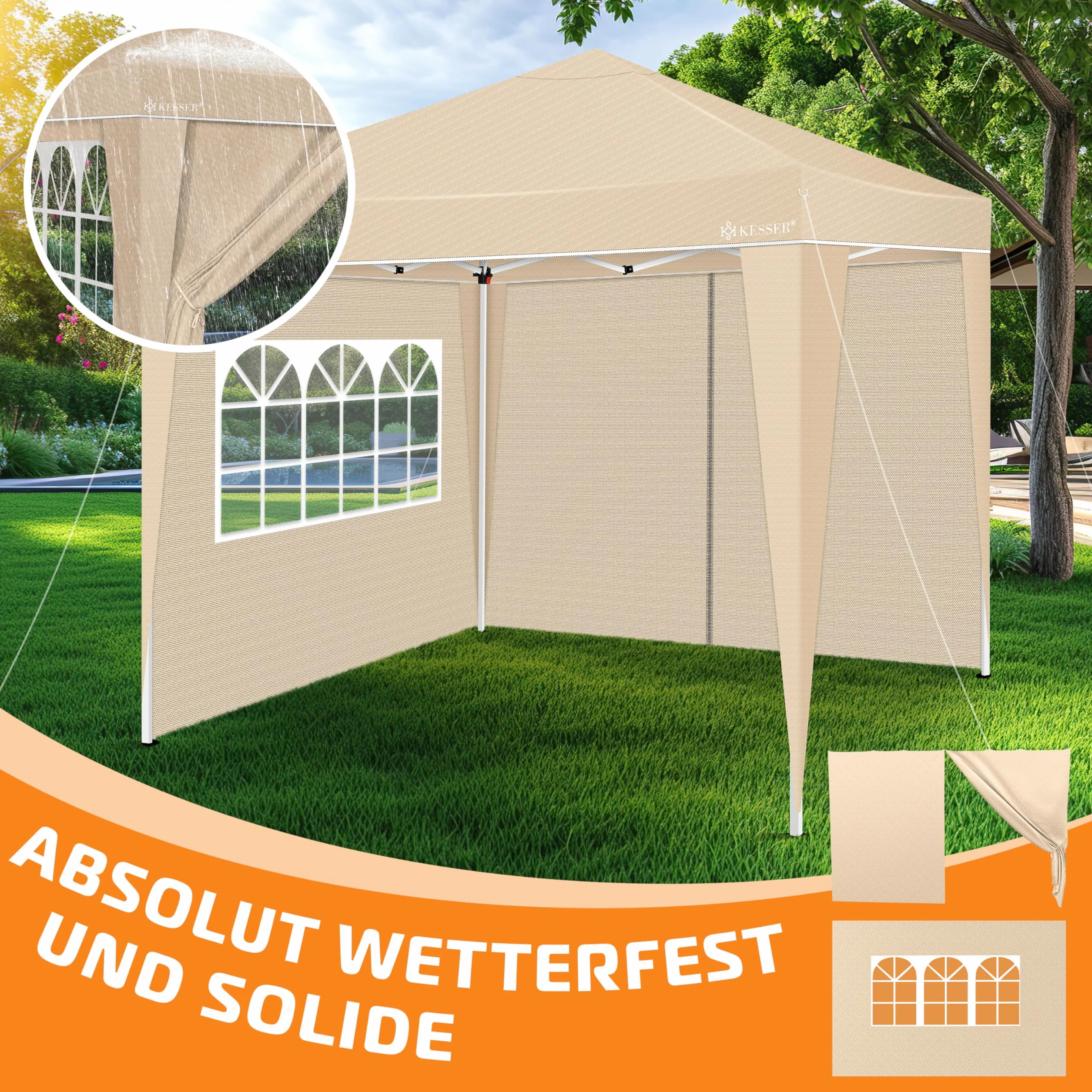 KESSER® 2X Panel boczny do pawilonu 3x3m - Pop Up | składany | oszczędzający miejsce | chowany| z zamkiem błyskawicznym| okno boczne Przezroczysty| Odporny na warunki atmosferyczne - Beżowy