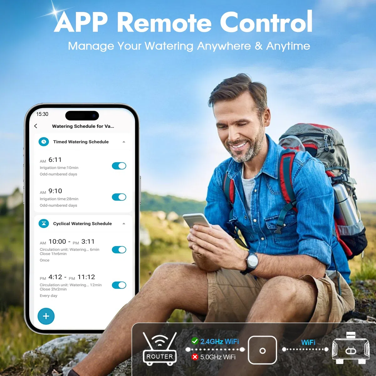 Timer wody WiFi do węża ogrodowego z mosiężnym wlotem i wylotem, inteligentny timer węża z koncentratorem WiFi, aplikacją i sterowaniem głosowym, do 20 planów nawadniania, 2-strefowy kontroler systemu