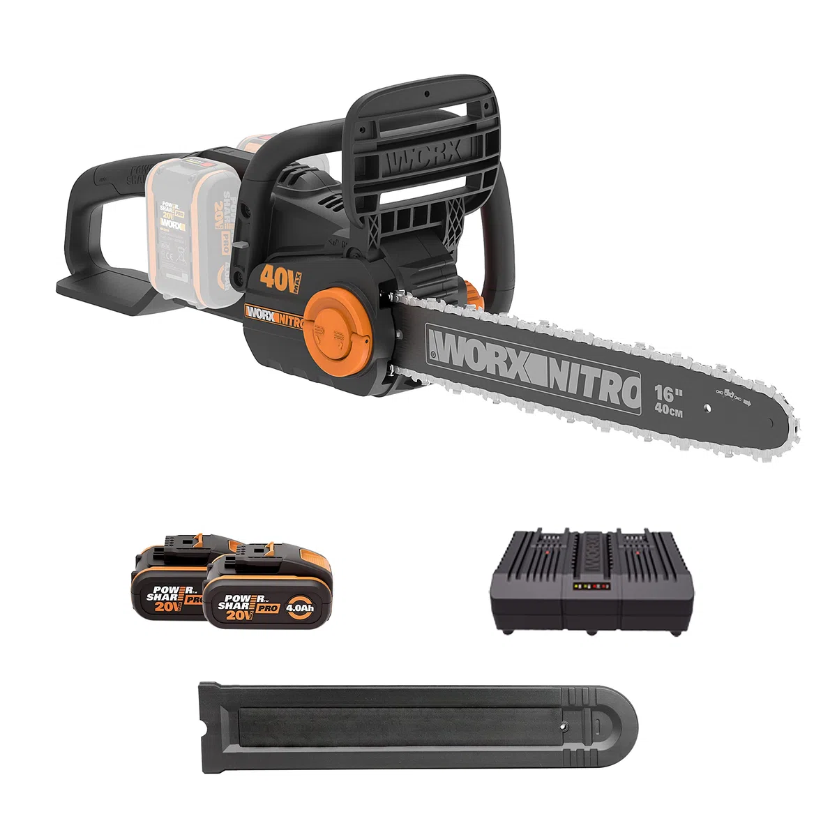 WORX WG385E Nitro Akumulatorowa Pilarka Łańcuchowa 40V(2 x 20V), Silnik Bezszczotkowy, Automatyczne Napinanie i Smarowanie Łańcucha, Długość Cięcia 40 cm, Prędkość Cięcia 18m/s