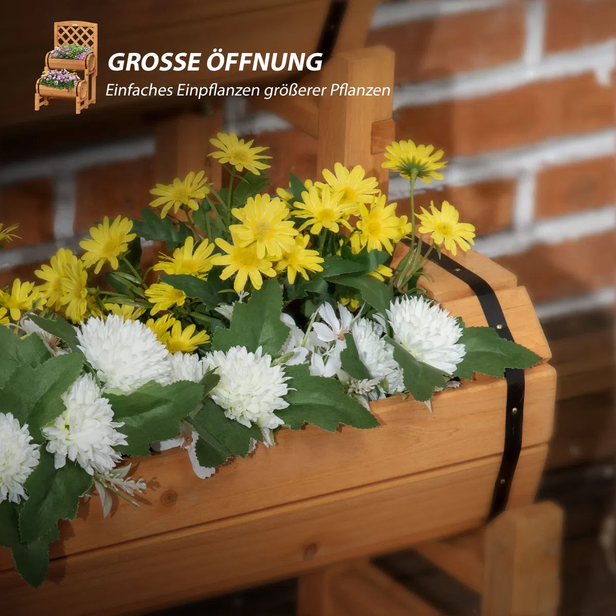 Outsunny Podwyższona grządka, drewniana skrzynka na kwiaty z kratką dla roślin pnących, skrzynka na rośliny o rustykalnym wzornictwie, grządka na warzywa do ogrodu, na taras, balkon, żółta, 45 x 45 x 80 cm