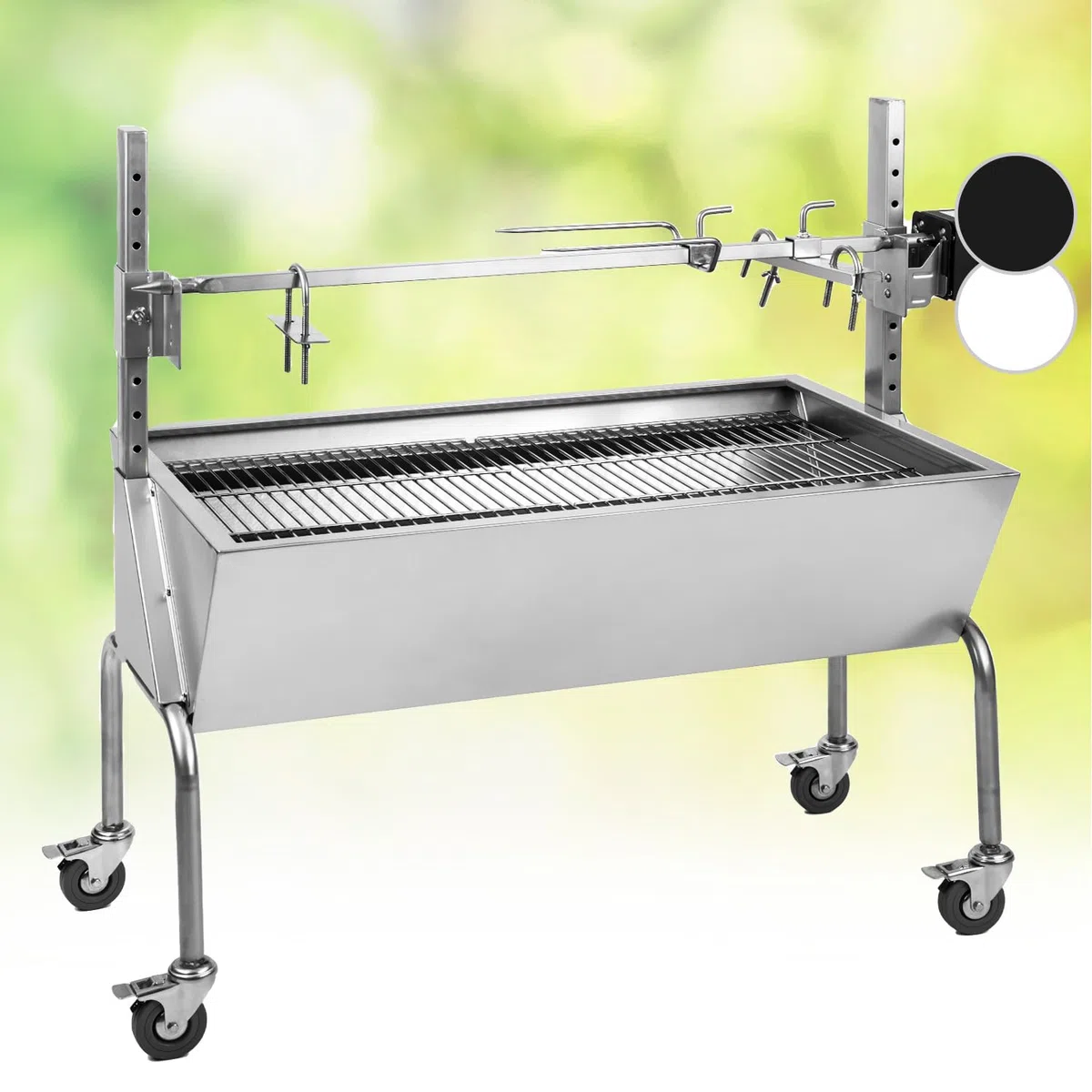 OneConcept Grill rożnowy 2w1 z silnikiem, Grill z obrotowym rożnem, Duży rożnowy do kurczaka i prosiaka, z silnikiem, z rusztem ze stali, Duży węglowy na kółkach
