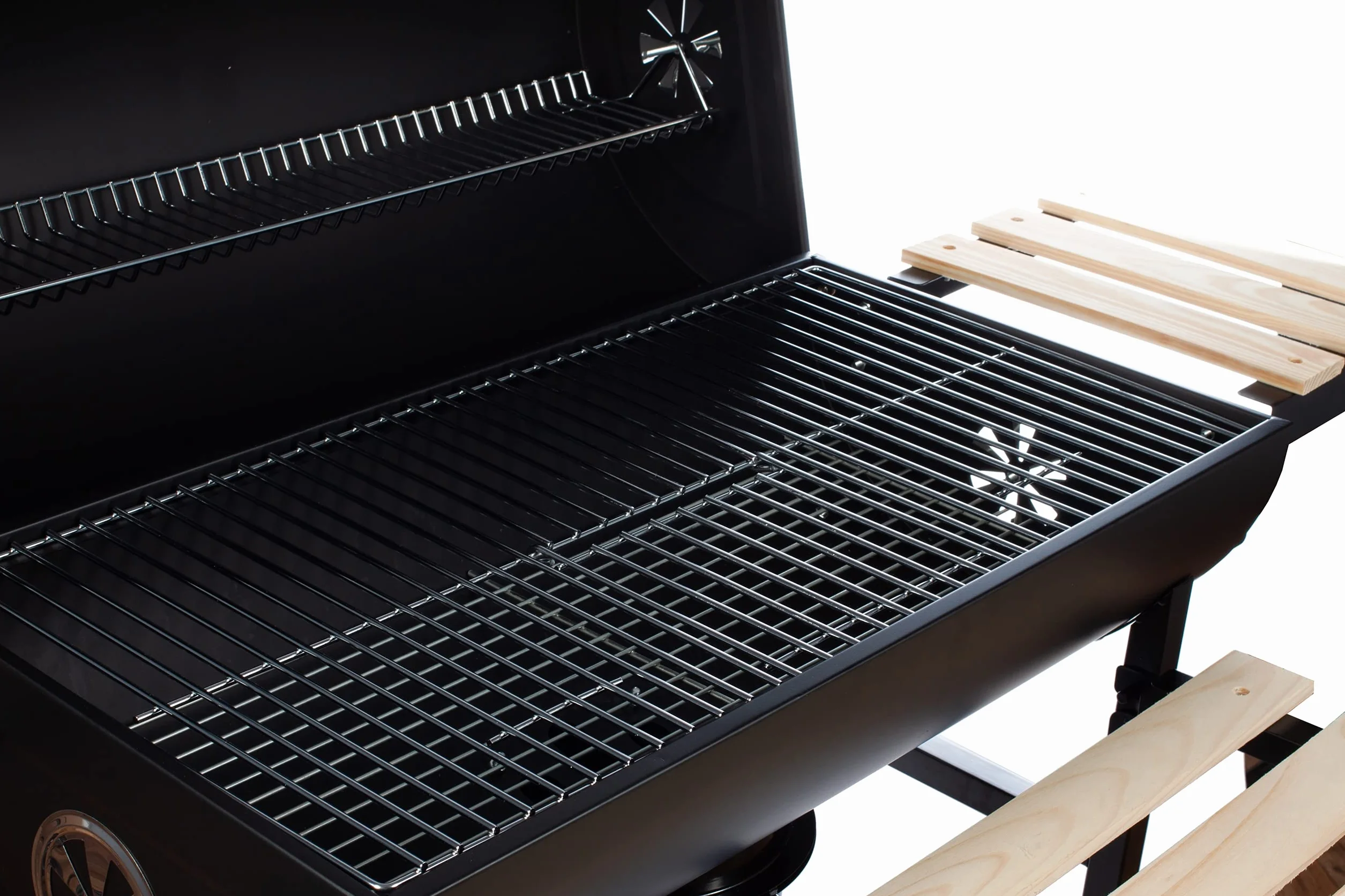 GrillMaster Okrągły Beczka BigBend GM2020 +Fartuch, Grill Ogrodowy, Węglowy, z Pokrywą, z Kółkami, Przesłony do Cyrkulacji Powietrza, Dodatkowe Półki