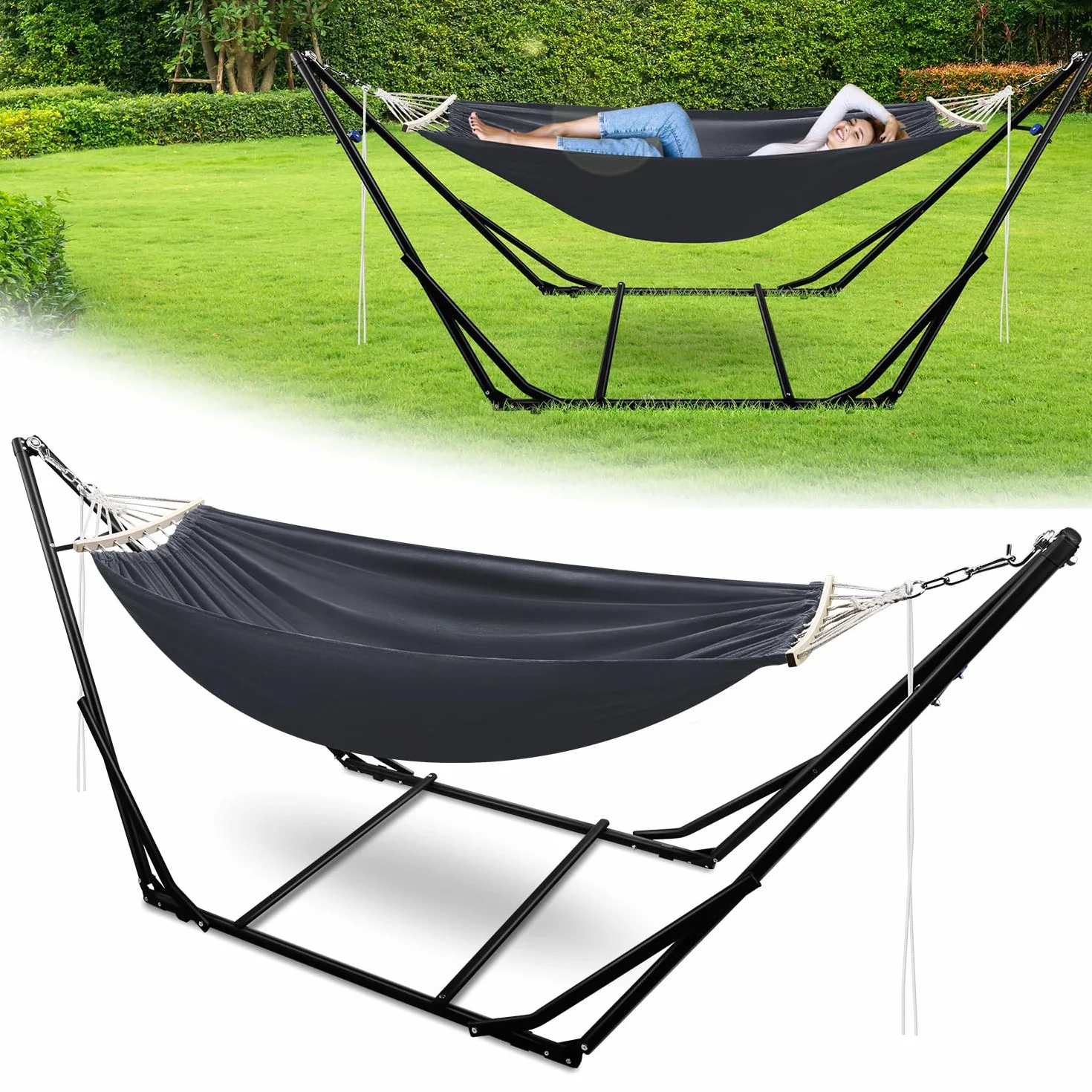 Hamak ze stelażem, obciążenie do 200 kg, dla 2 osób, składany hamak outdoorowy ze stelażem do ogrodu, na taras, balkon, z torbą do przenoszenia, metalowy stelaż